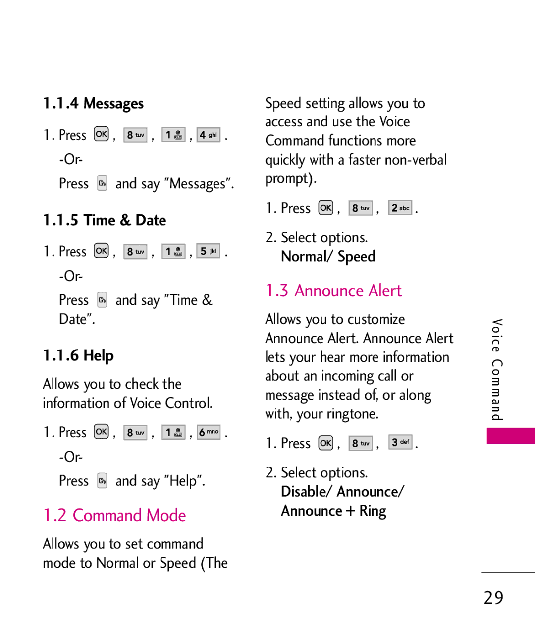 LG Electronics LW310KW, MMBB0352101 manual Command Mode, Announce Alert, Messages, Time & Date, Help 