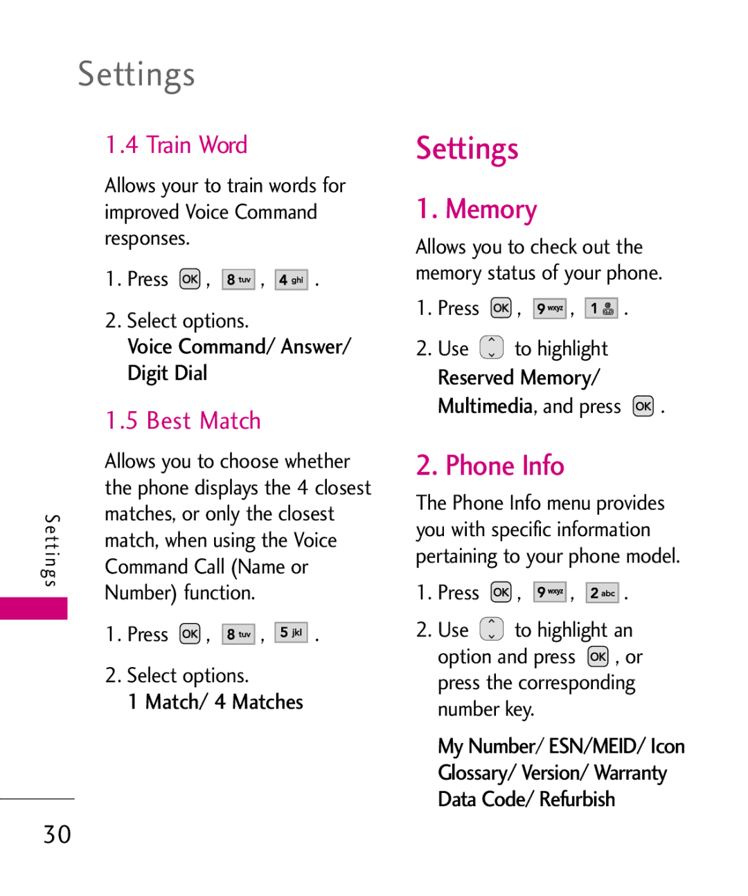 LG Electronics MMBB0352101, LW310KW manual Settings, Memory, Phone Info, Train Word, Best Match 