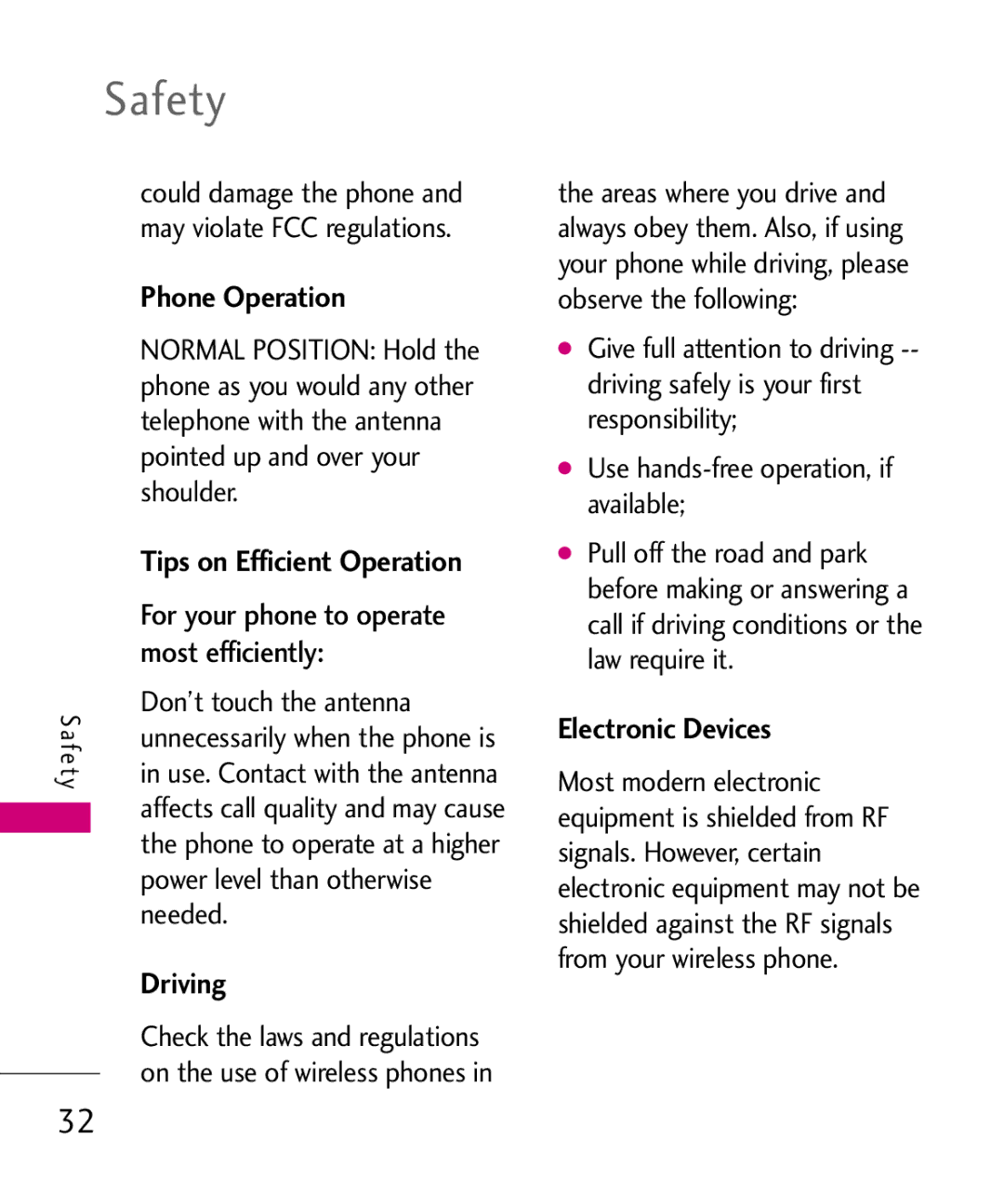 LG Electronics LW310KW, MMBB0352101 manual Safety, Phone Operation, Tips on Efficient Operation, Driving, Electronic Devices 