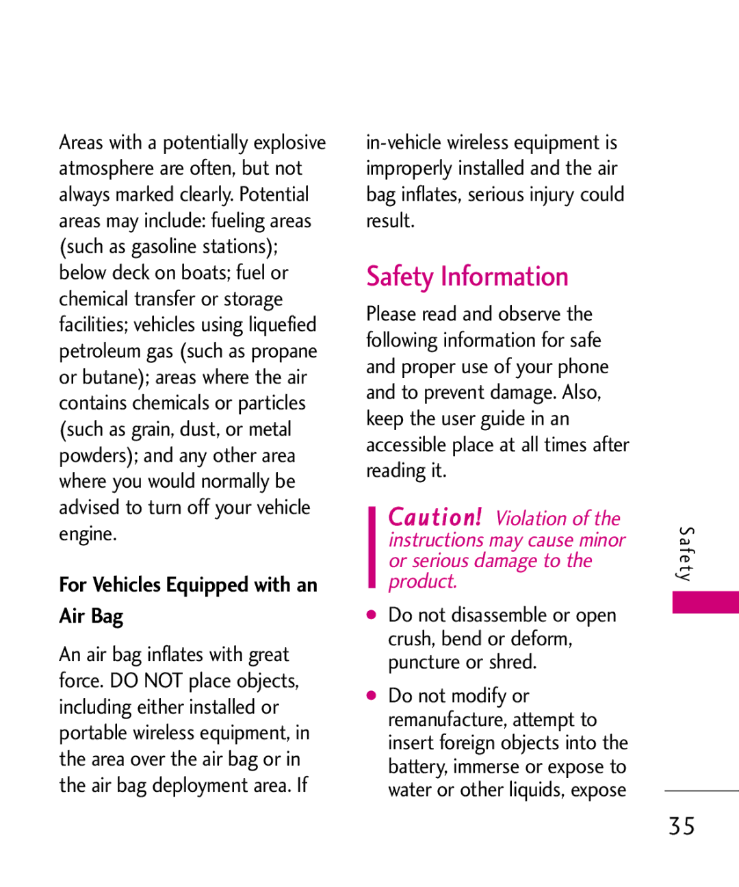 LG Electronics LW310KW, MMBB0352101 manual Safety Information, For Vehicles Equipped with an Air Bag 