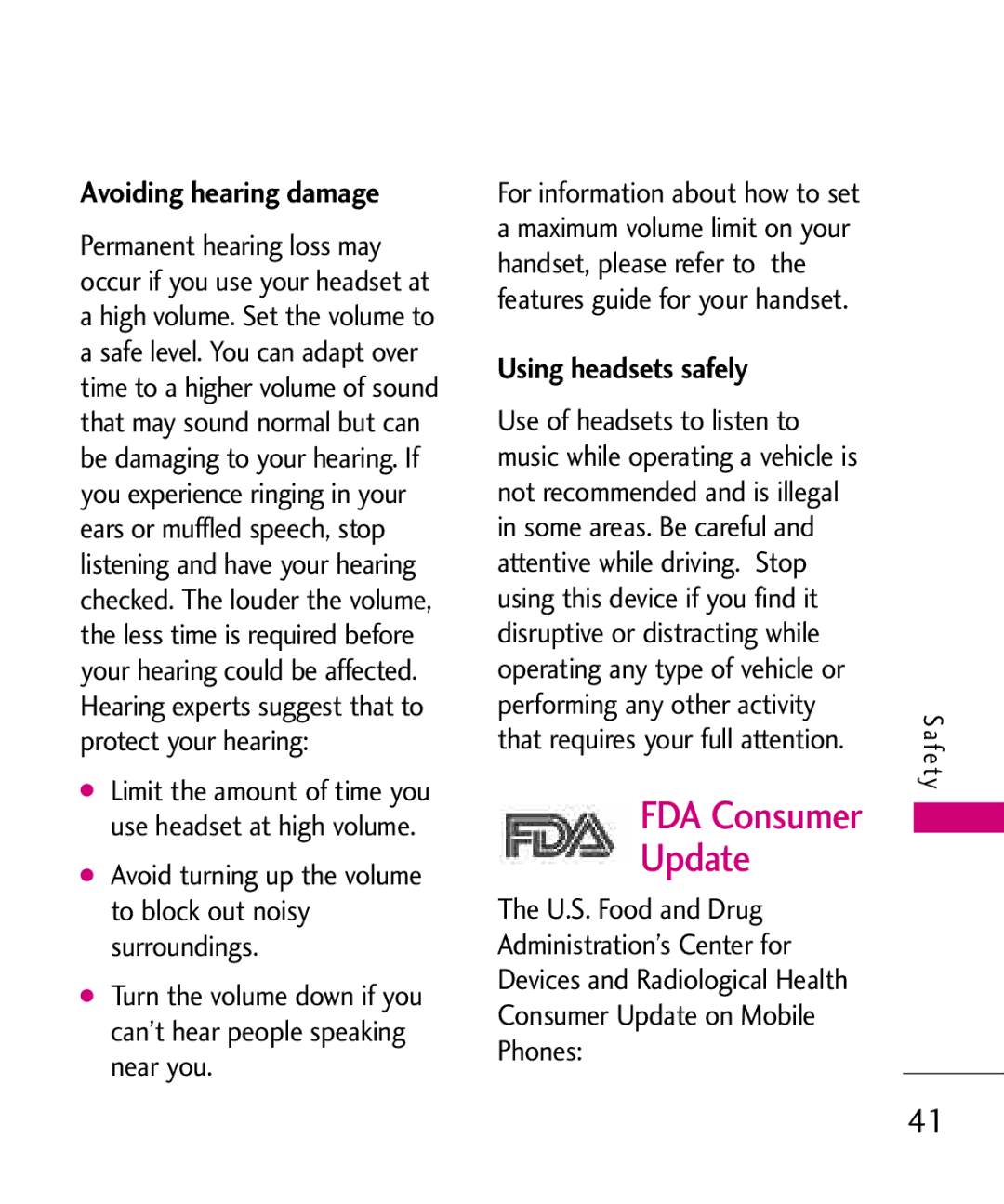 LG Electronics LW310KW, MMBB0352101 manual FDA Consumer Update, Using headsets safely 