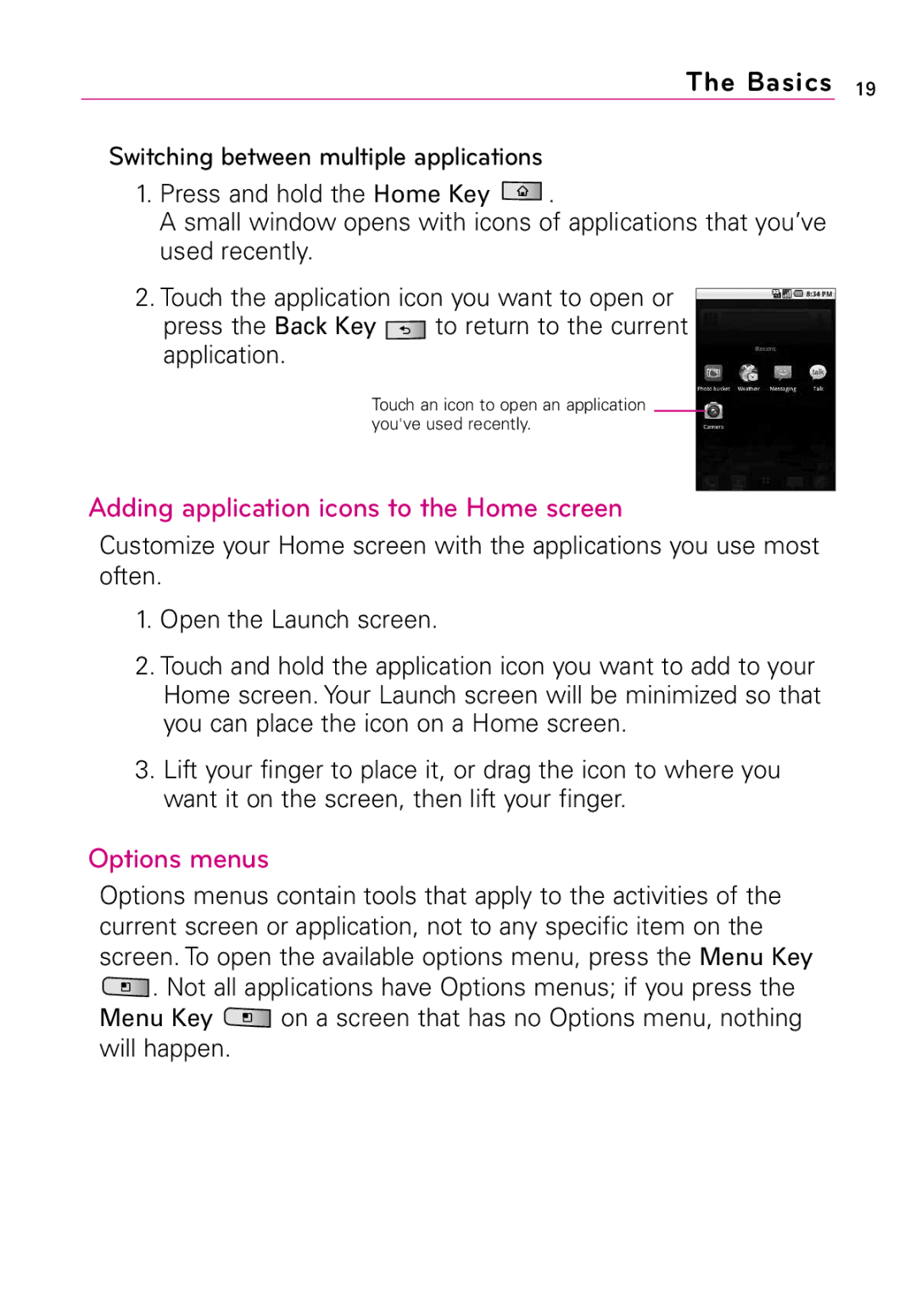 LG Electronics LW690 manual Adding application icons to the Home screen, Options menus 
