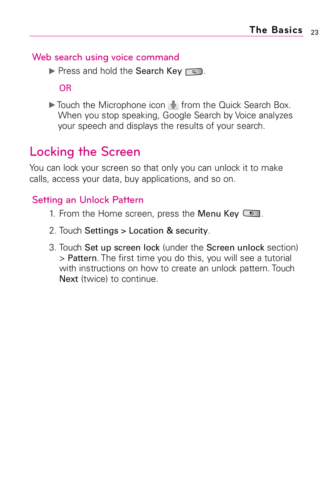 LG Electronics LW690 manual Locking the Screen, Web search using voice command, Setting an Unlock Pattern 