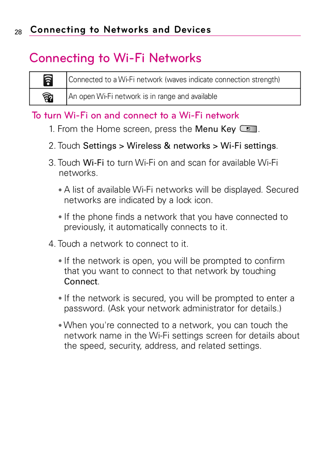 LG Electronics LW690 manual Connecting to Wi-Fi Networks, To turn Wi-Fi on and connect to a Wi-Fi network 