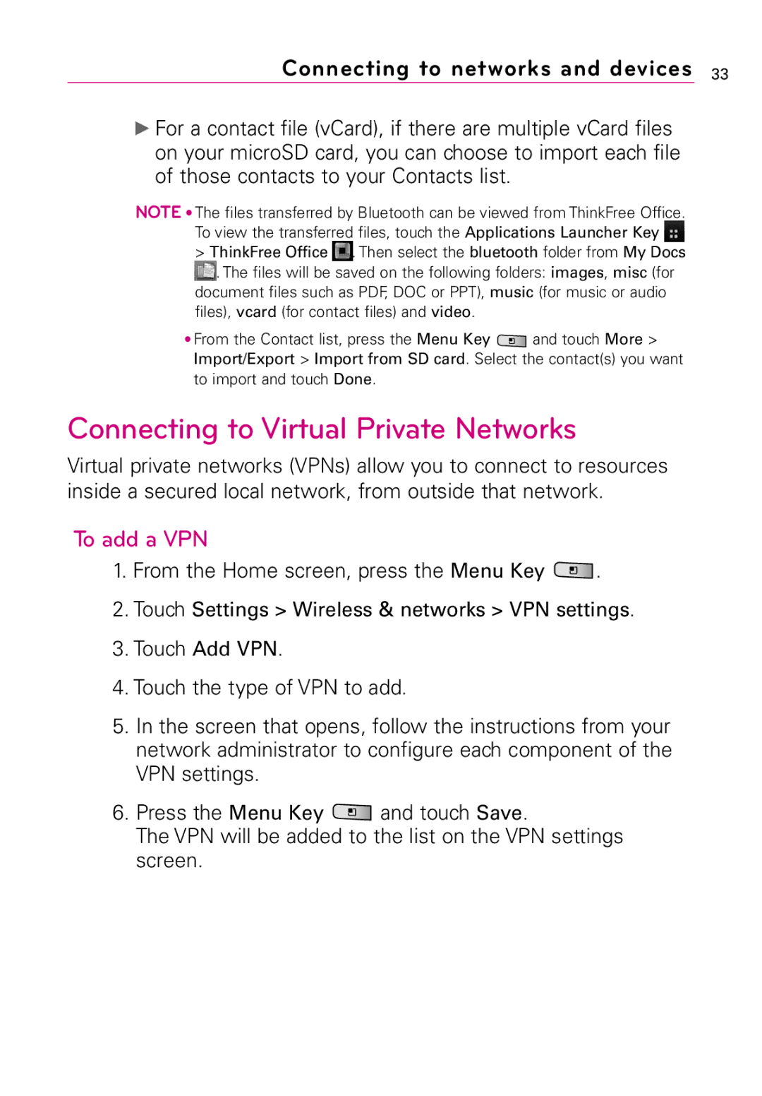 LG Electronics LW690 manual Connecting to Virtual Private Networks, To add a VPN 