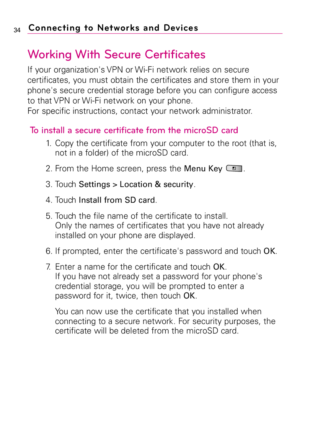 LG Electronics LW690 manual Working With Secure Certificates, To install a secure certificate from the microSD card 