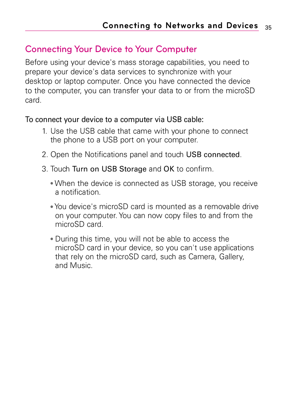 LG Electronics LW690 manual Connecting Your Device to Your Computer 