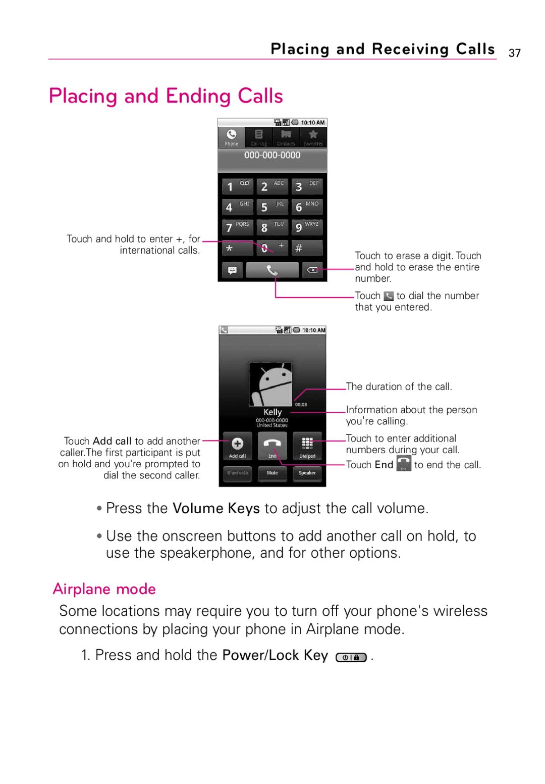 LG Electronics LW690 manual Placing and Ending Calls, Airplane mode 