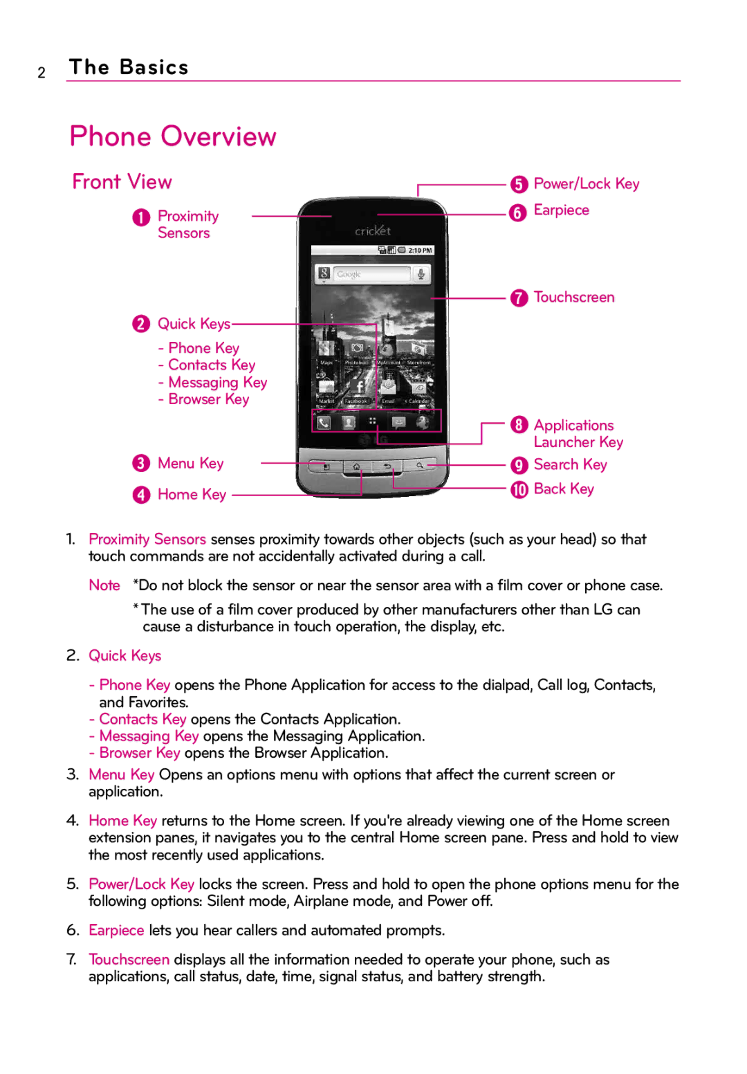 LG Electronics LW690 manual Phone Overview, Front View 