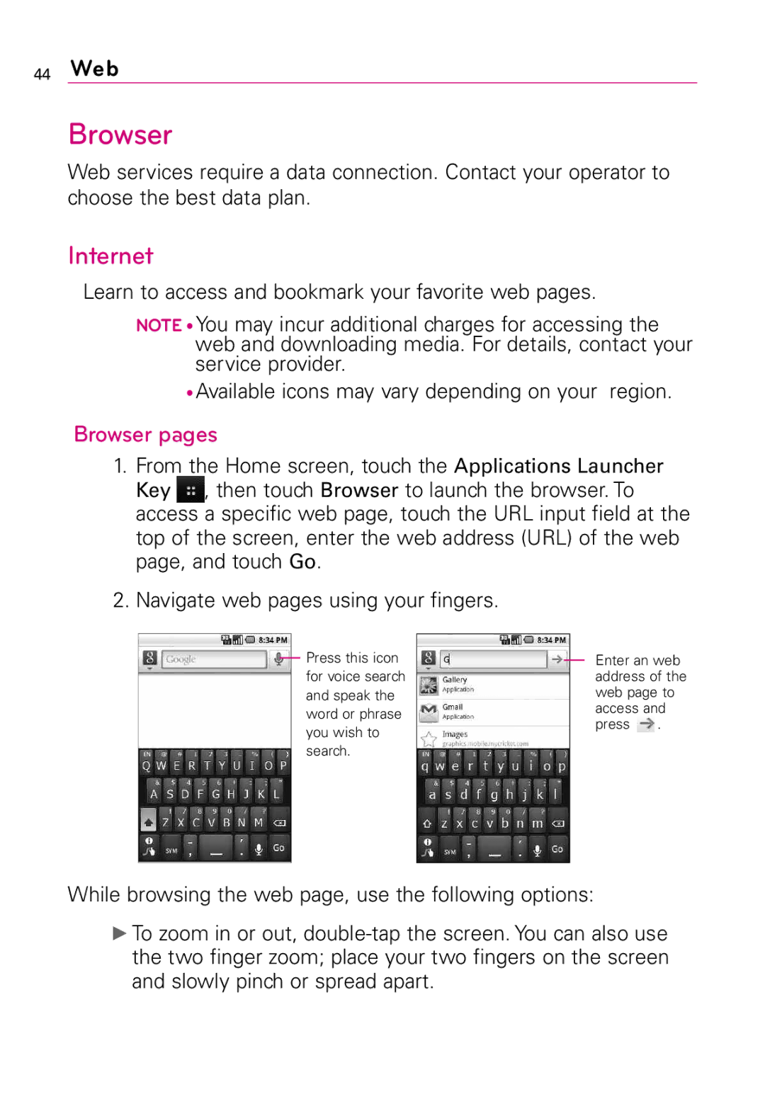 LG Electronics LW690 manual Internet, Browser pages 