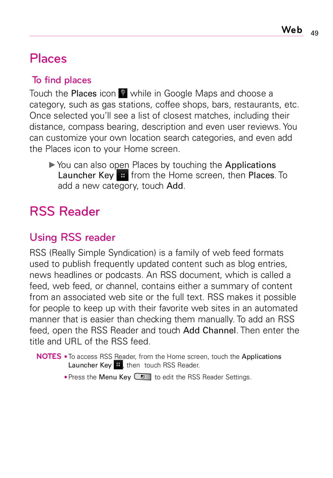 LG Electronics LW690 manual Places, RSS Reader, Using RSS reader, To find places 