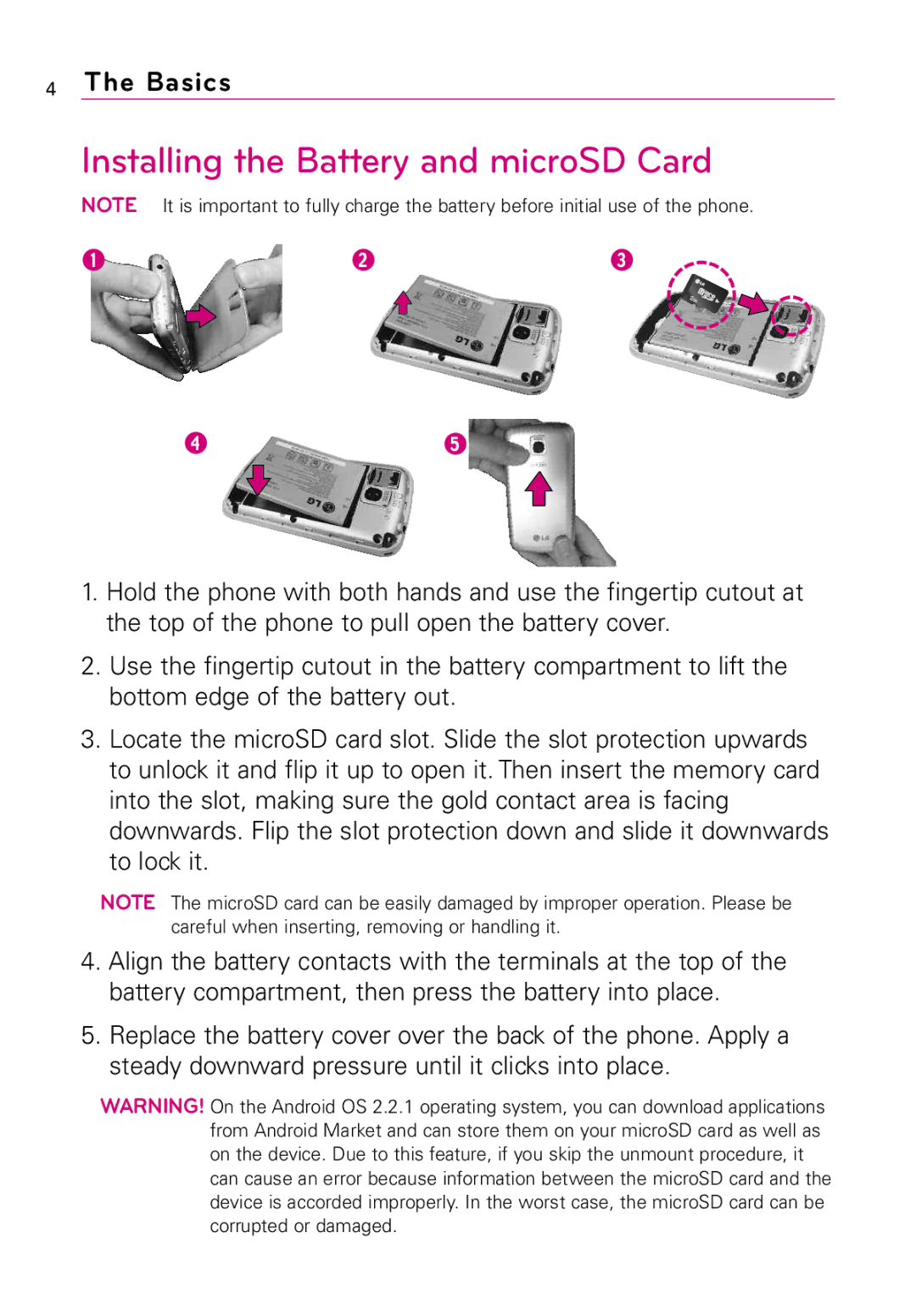 LG Electronics LW690 manual Installing the Battery and microSD Card 