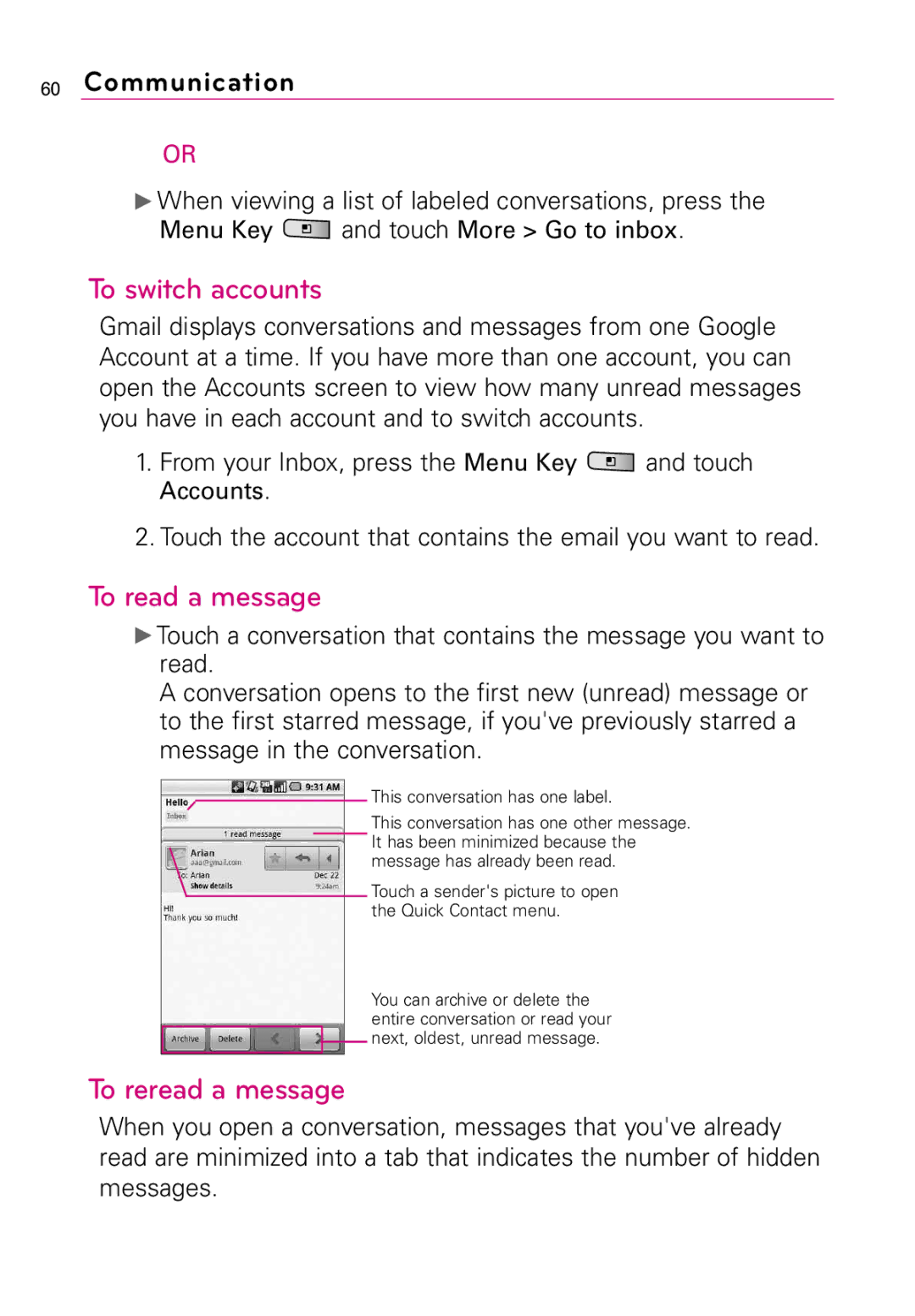 LG Electronics LW690 manual To switch accounts, To reread a message 