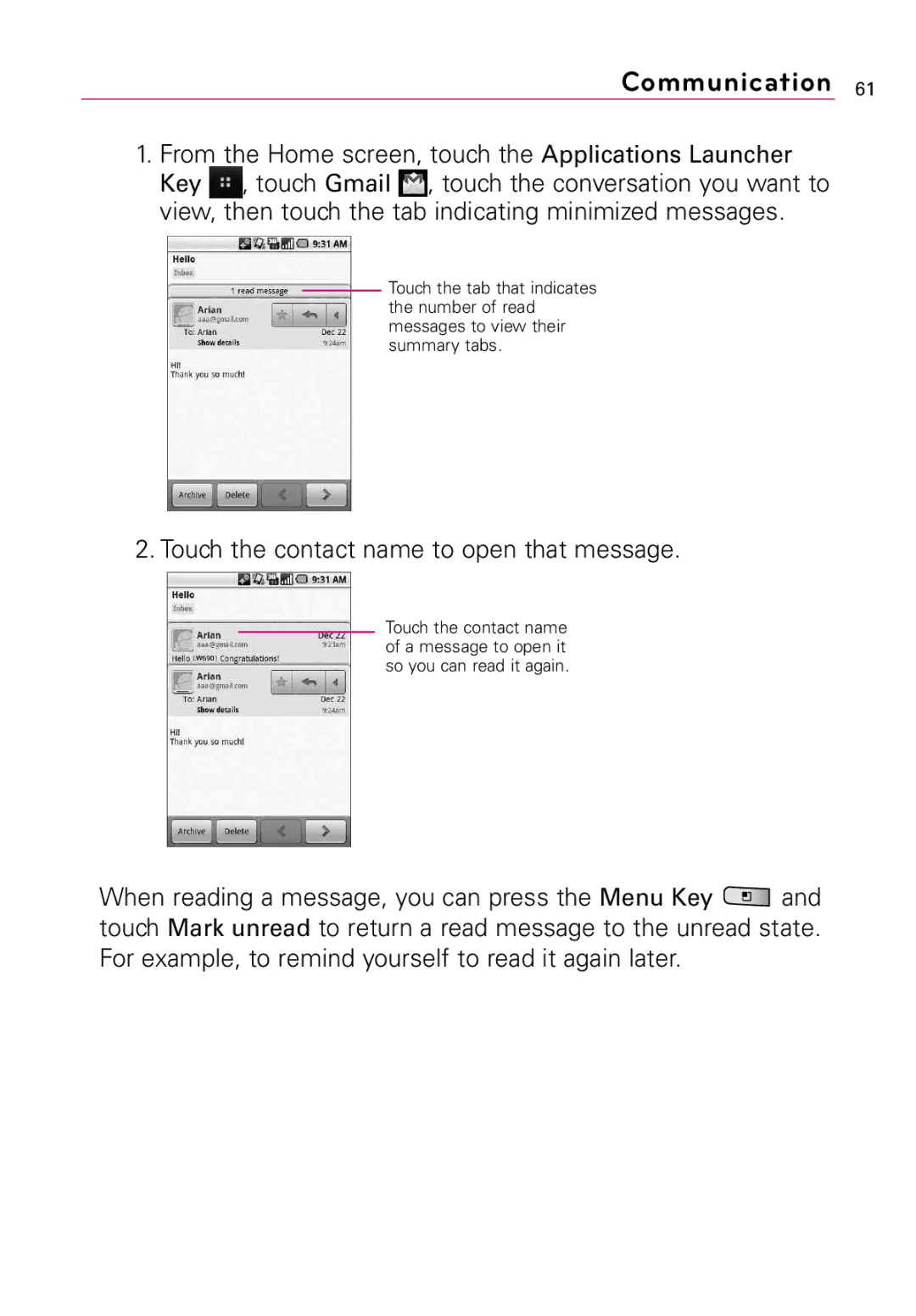 LG Electronics LW690 manual Touch the contact name to open that message 