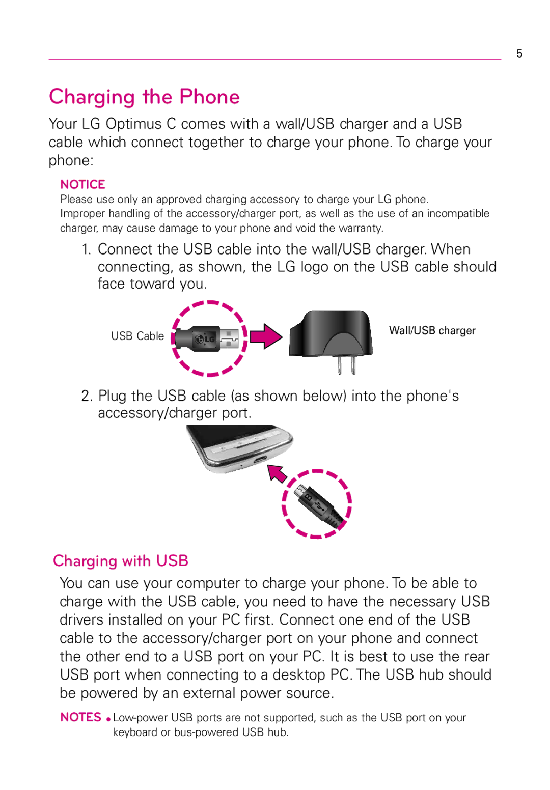 LG Electronics LW690 manual Charging the Phone, Charging with USB 