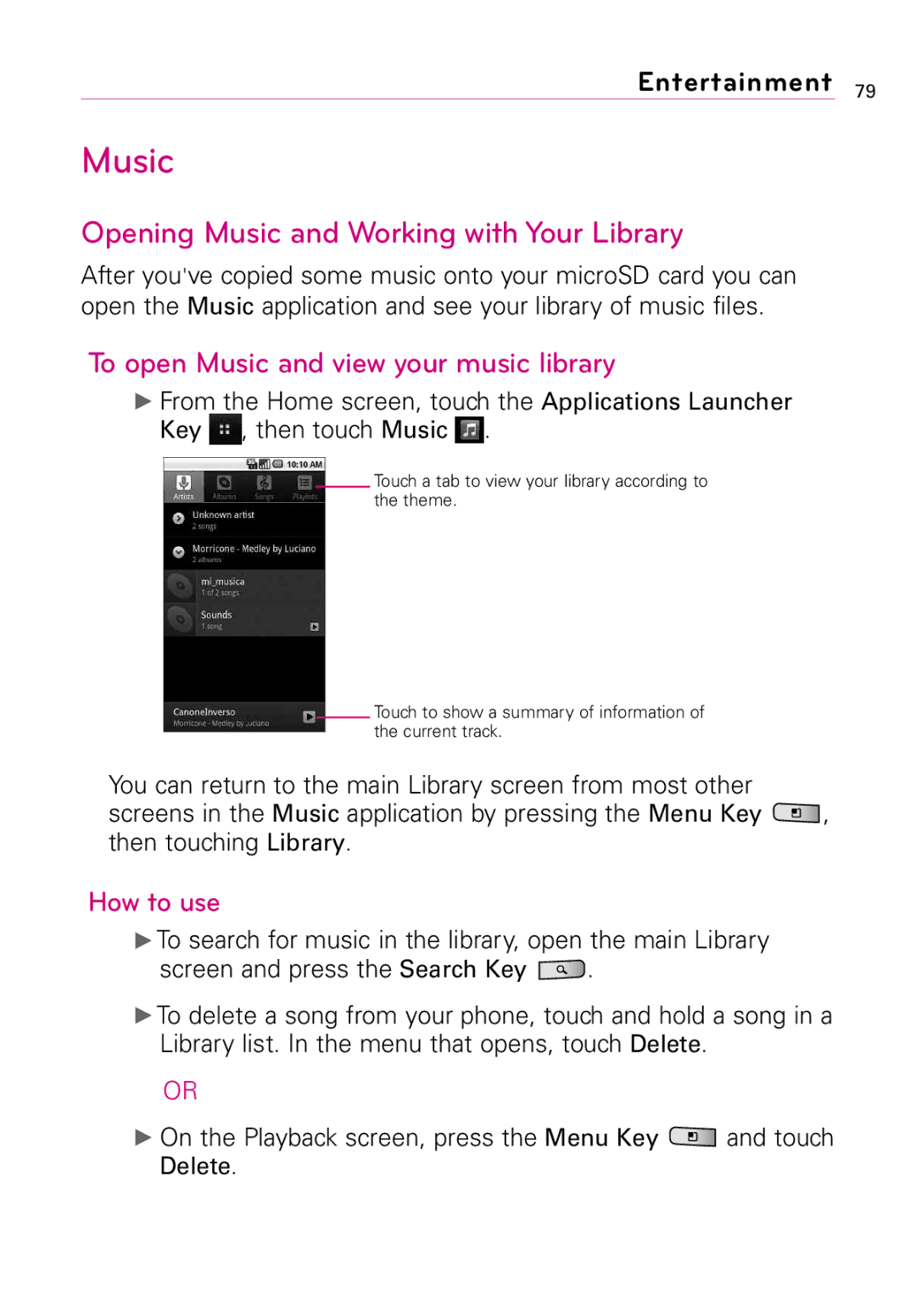 LG Electronics LW690 manual Opening Music and Working with Your Library, To open Music and view your music library 