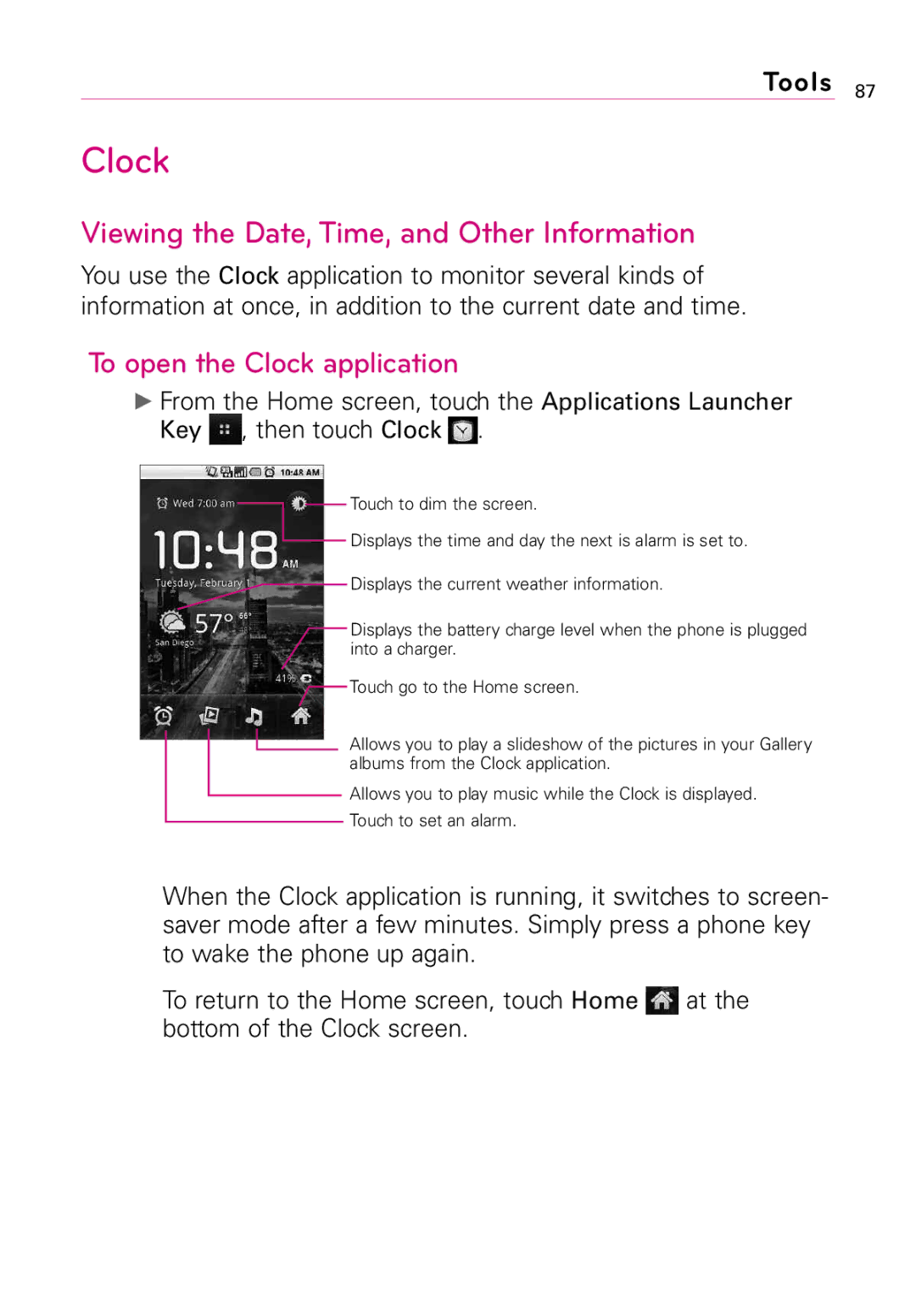 LG Electronics LW690 manual Viewing the Date, Time, and Other Information, To open the Clock application 