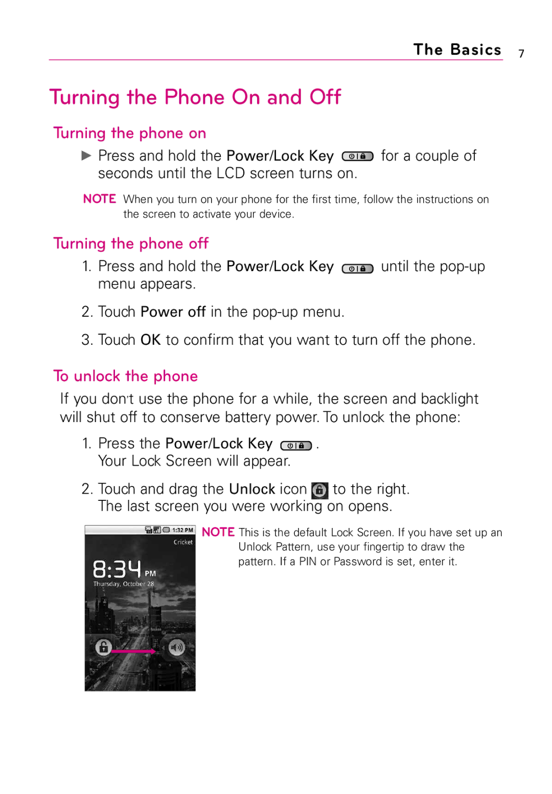LG Electronics LW690 manual Turning the Phone On and Off, Turning the phone on, Turning the phone off, To unlock the phone 