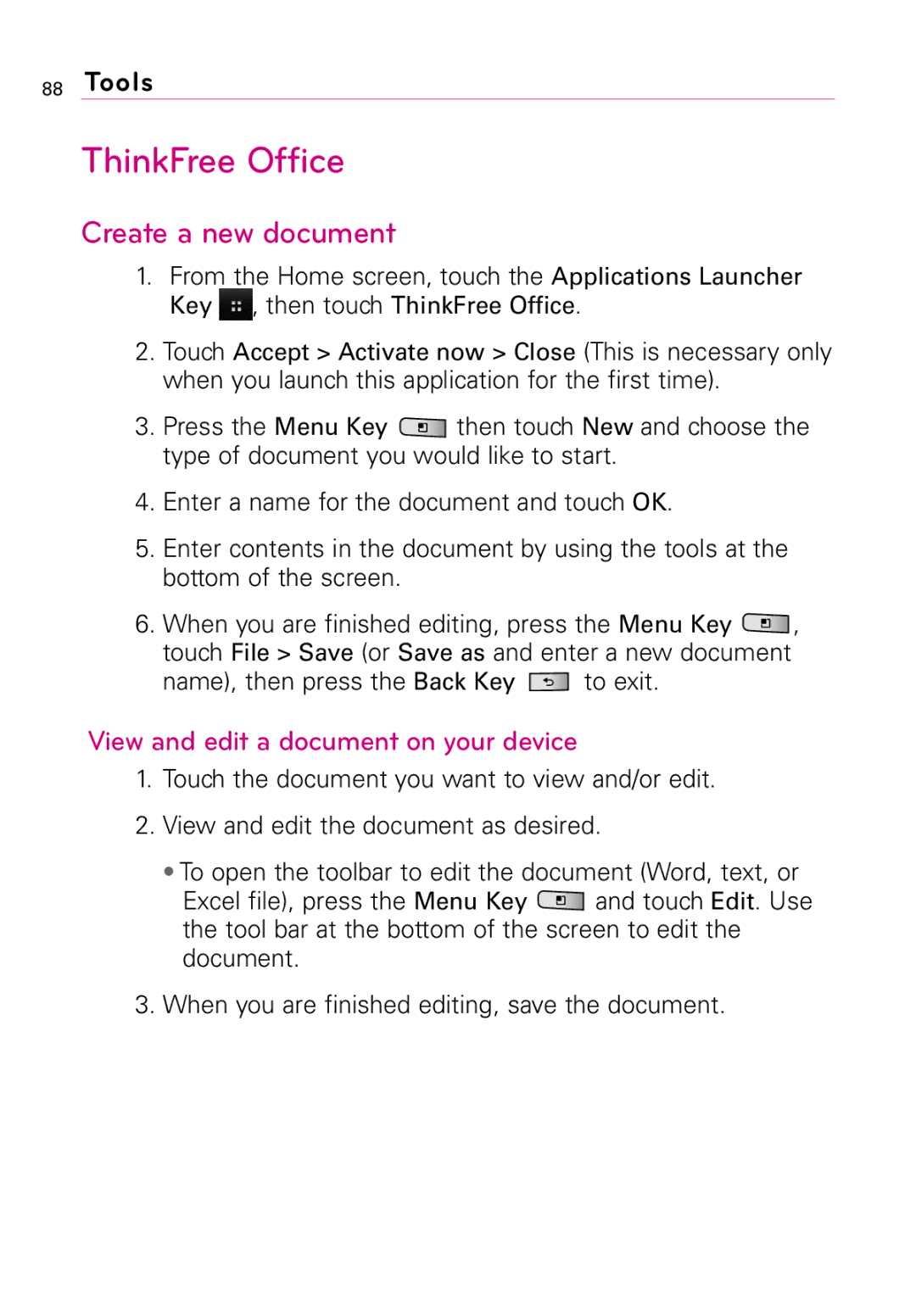 LG Electronics LW690 manual ThinkFree Office, Create a new document, View and edit a document on your device 