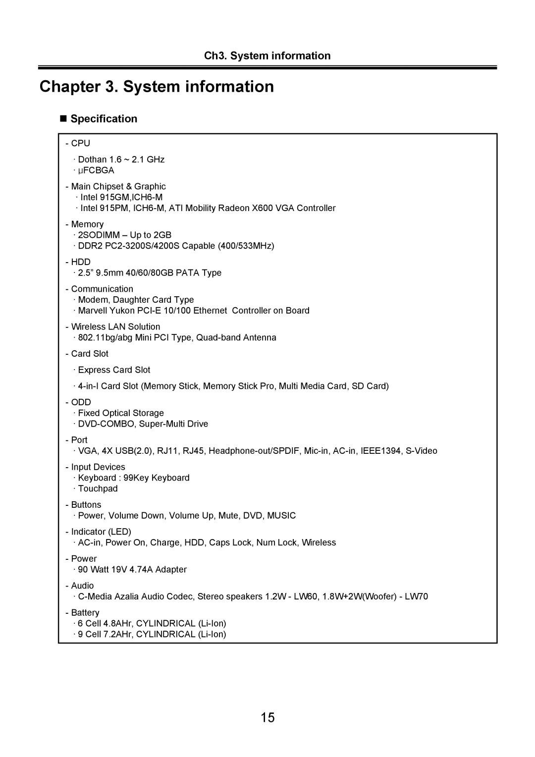 LG Electronics LW70, LW60 service manual Ch3. System information, „ Specification 