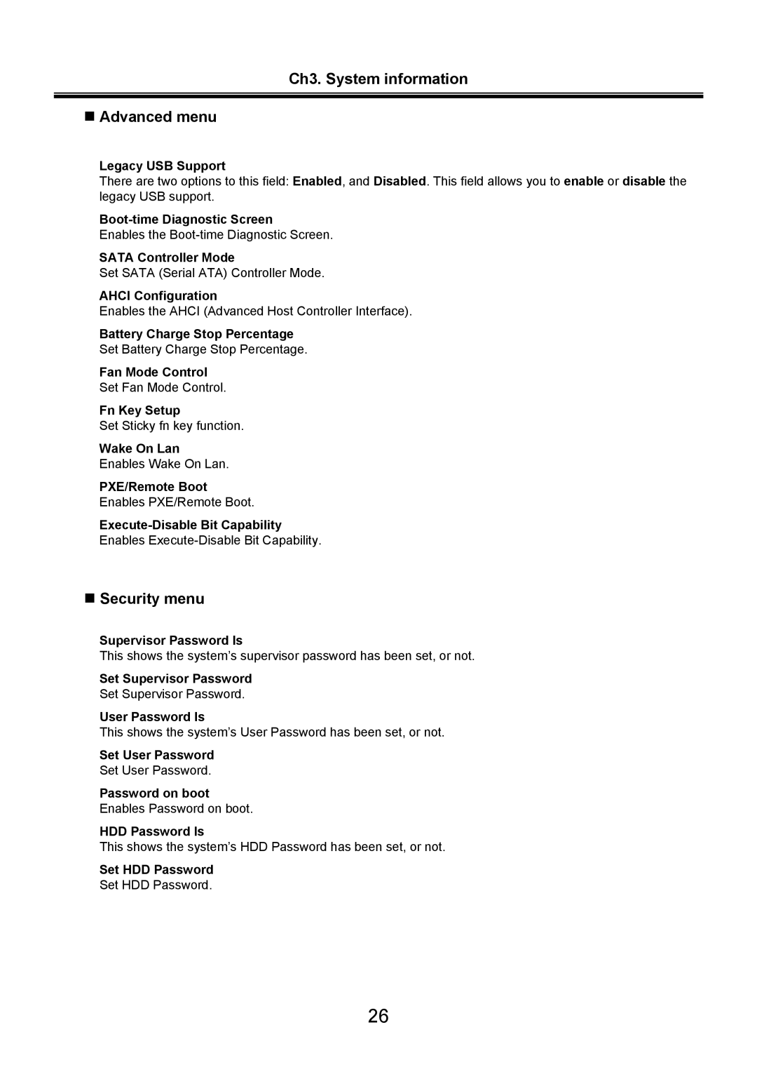 LG Electronics LW60, LW70 service manual Ch3. System information „ Advanced menu, „ Security menu 