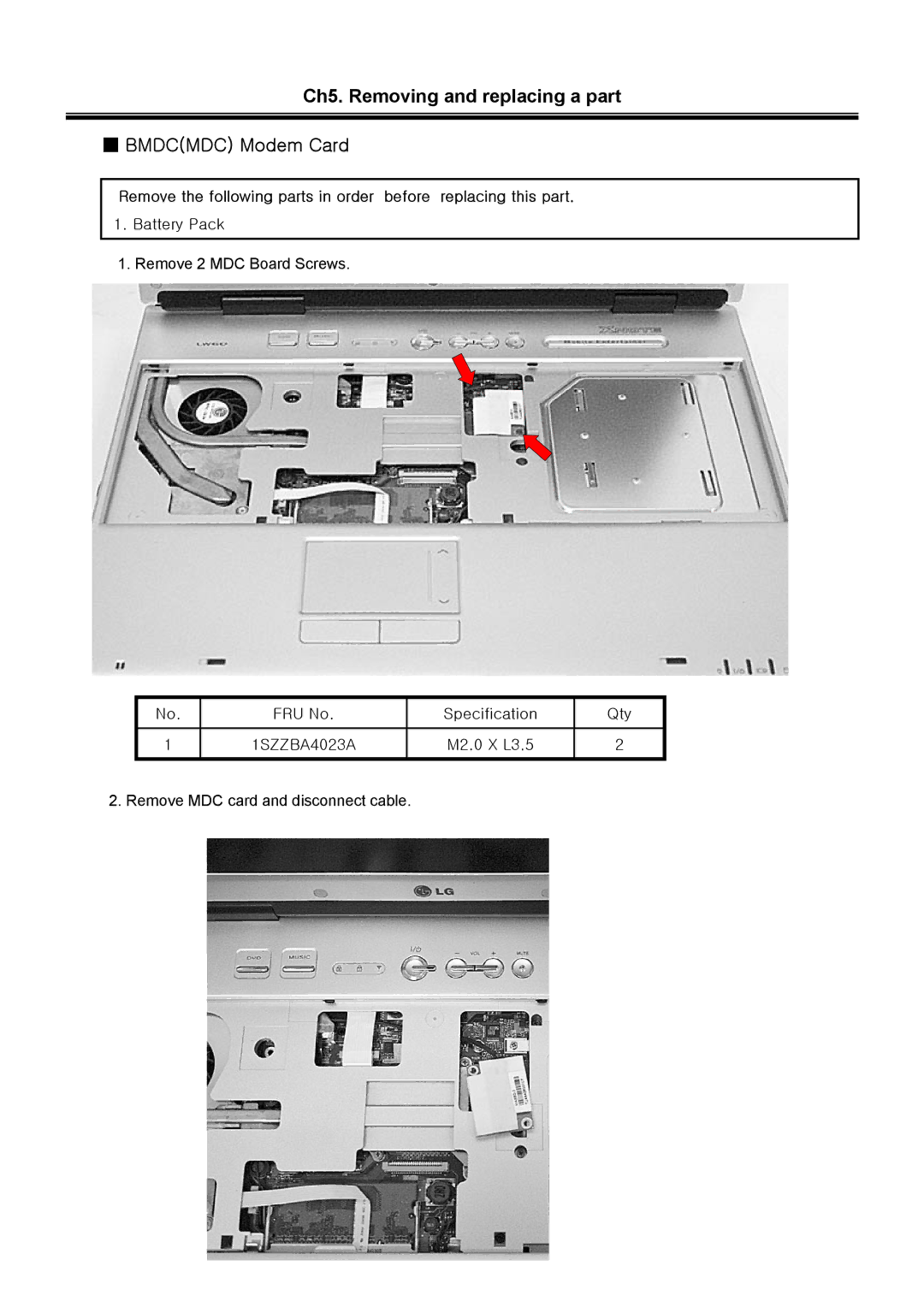 LG Electronics LW60, LW70 service manual Ch5. Removing and replacing a part Bmdcmdc Modem Card 