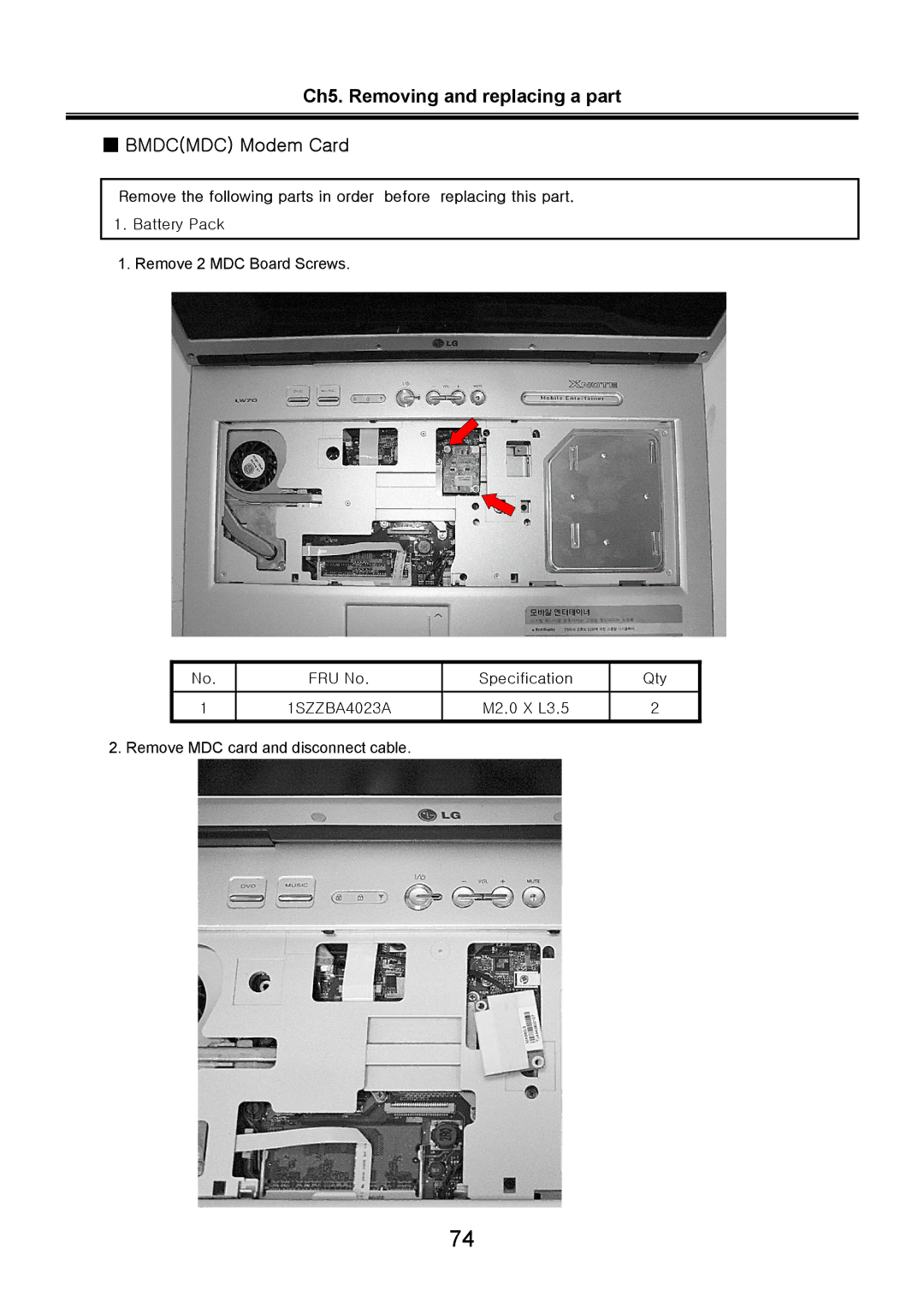 LG Electronics LW60, LW70 service manual Ch5. Removing and replacing a part Bmdcmdc Modem Card 