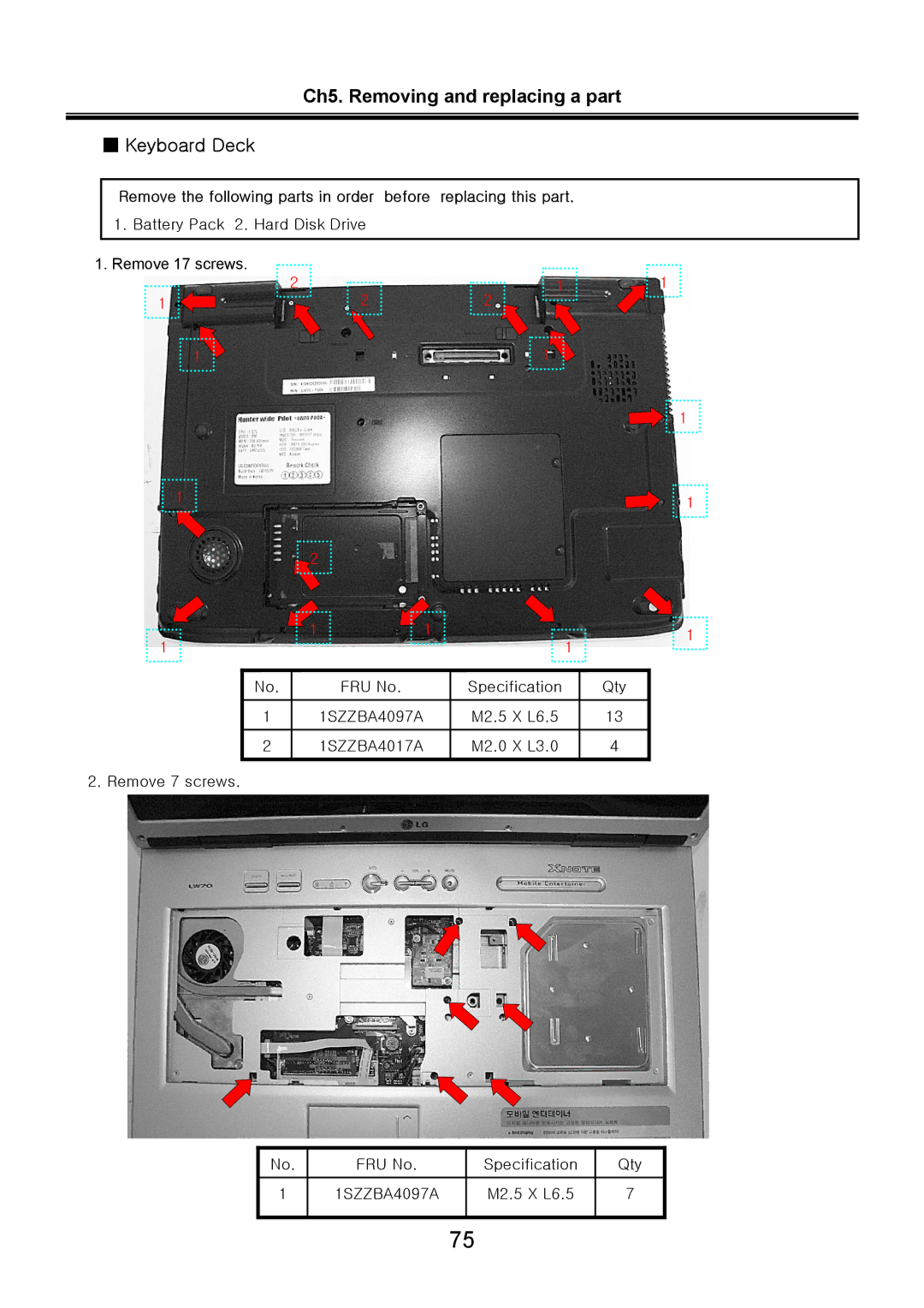 LG Electronics LW70, LW60 service manual M2.0 X L3.0 Remove 7 screws FRU No Specification Qty 