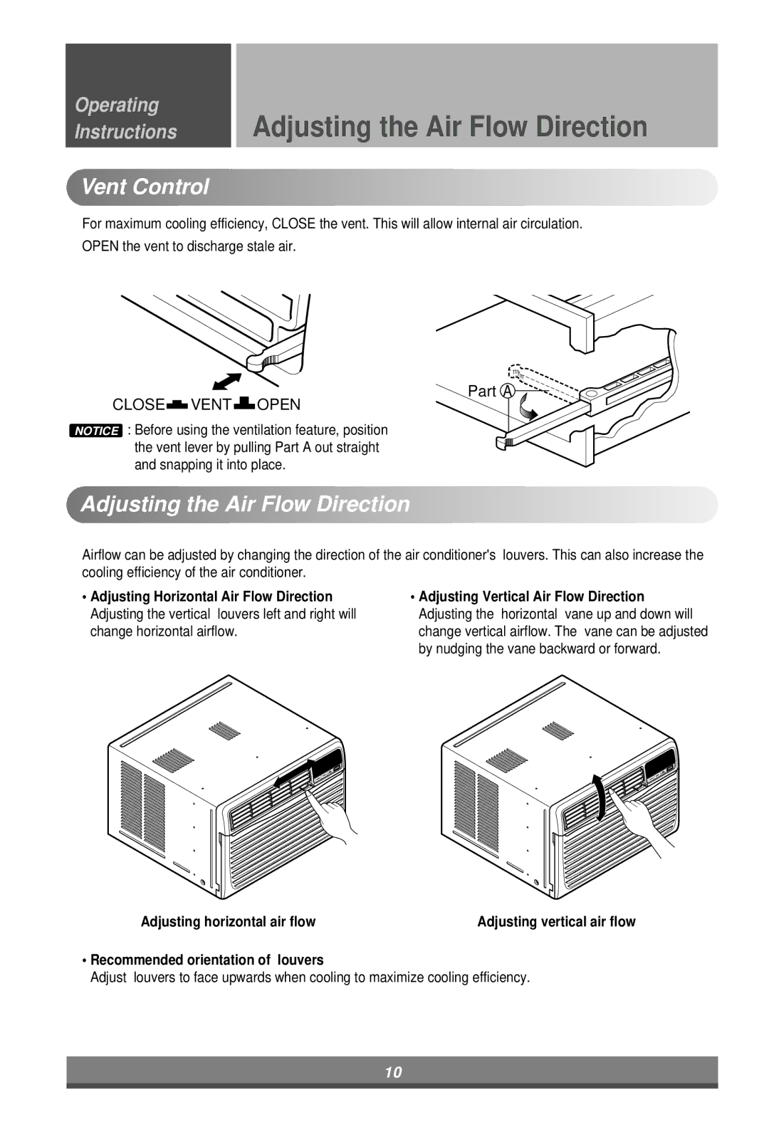 LG Electronics LW7000ER owner manual Vent Control, Adjusting the Air Flow Direction 