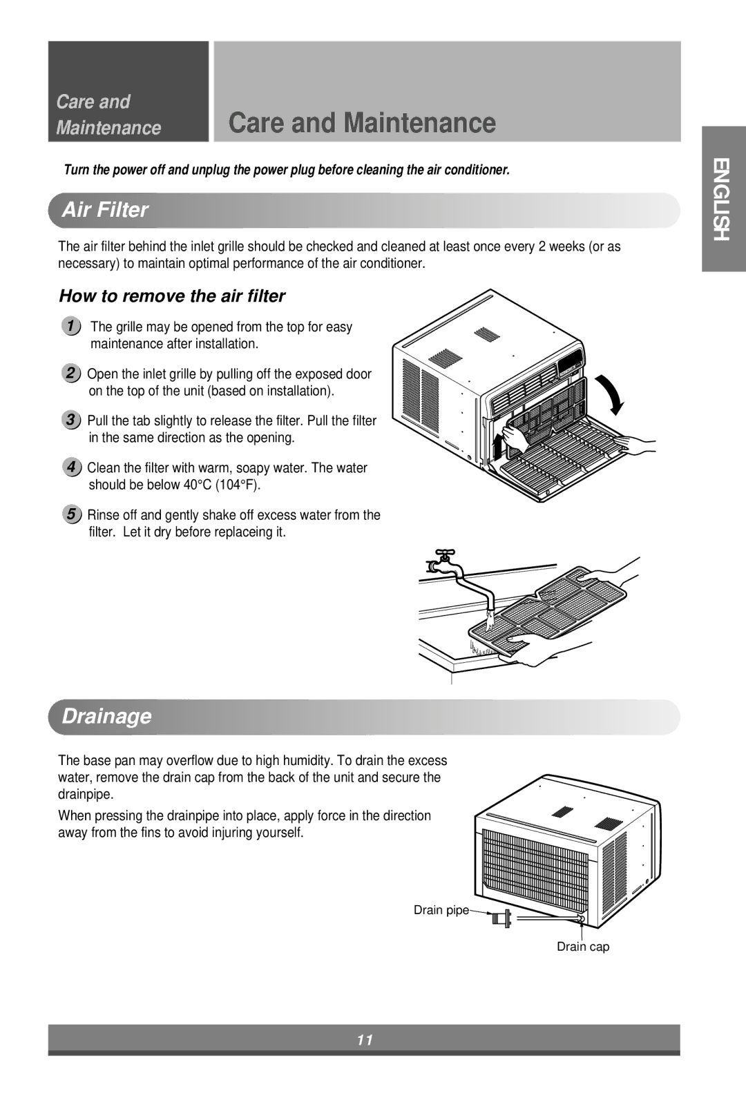 LG Electronics LW7000ER owner manual Air Filter, Drainage 