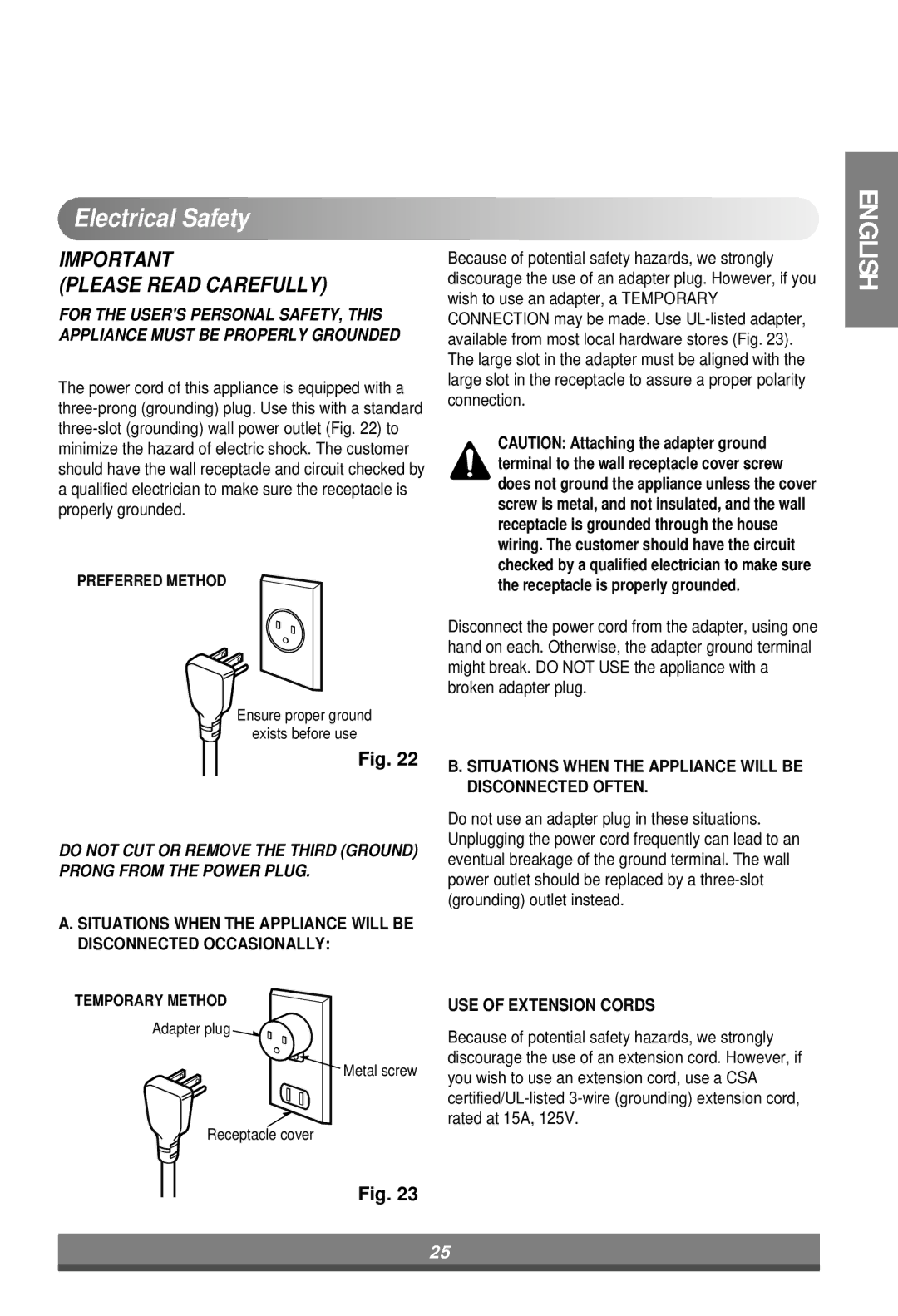 LG Electronics LW7000ER owner manual Electrical Safety 