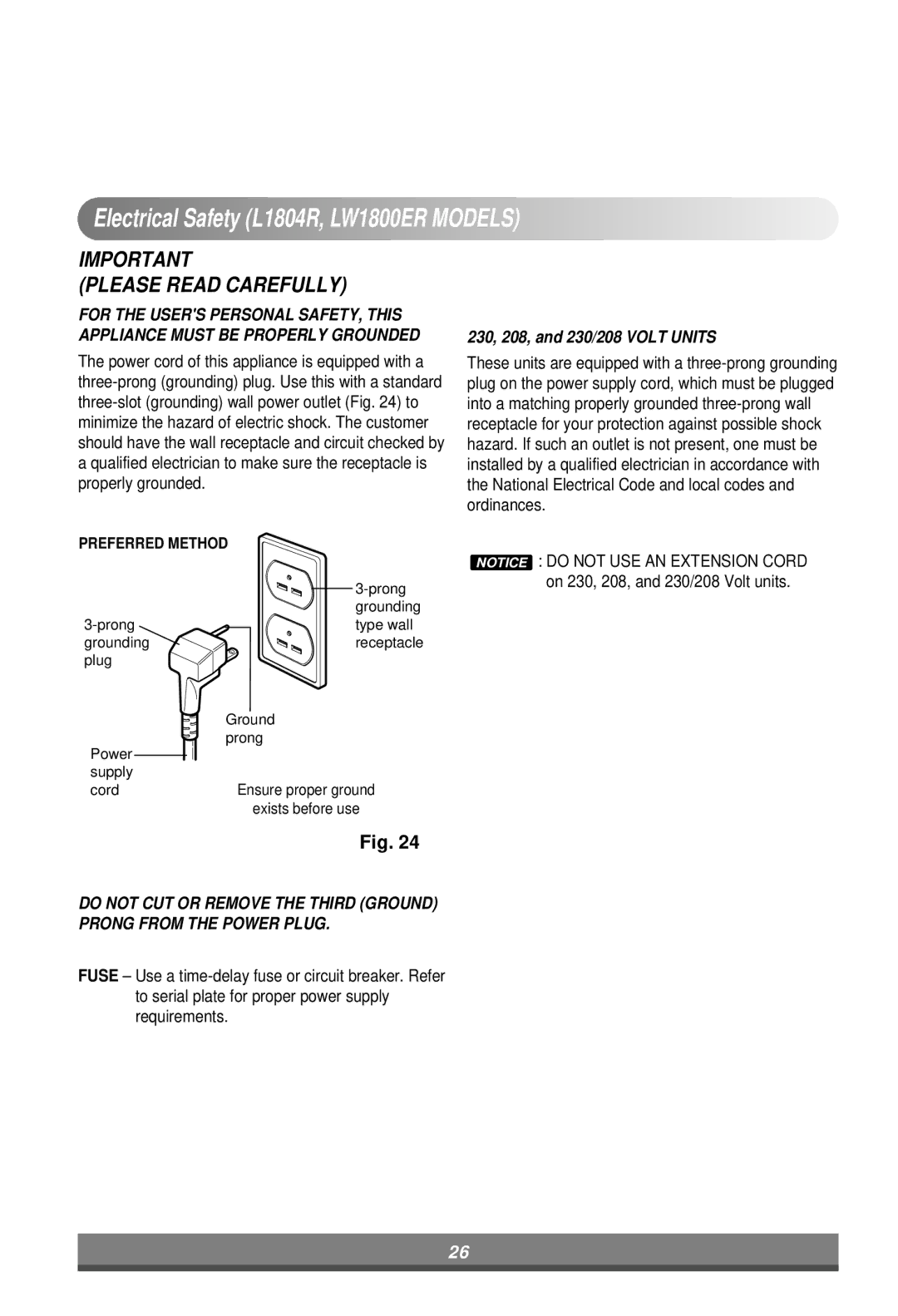 LG Electronics LW7000ER owner manual Electrical Safety L1804R, LW1800ER Models 