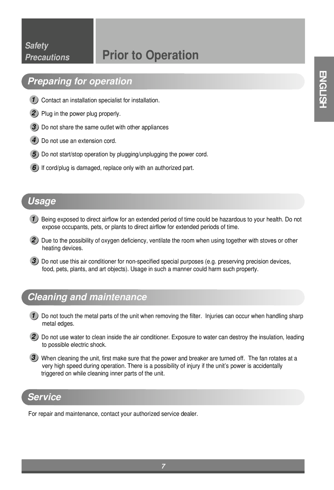 LG Electronics LW7000ER owner manual Preparing for operation, Usage, Cleaning and maintenance, Service 