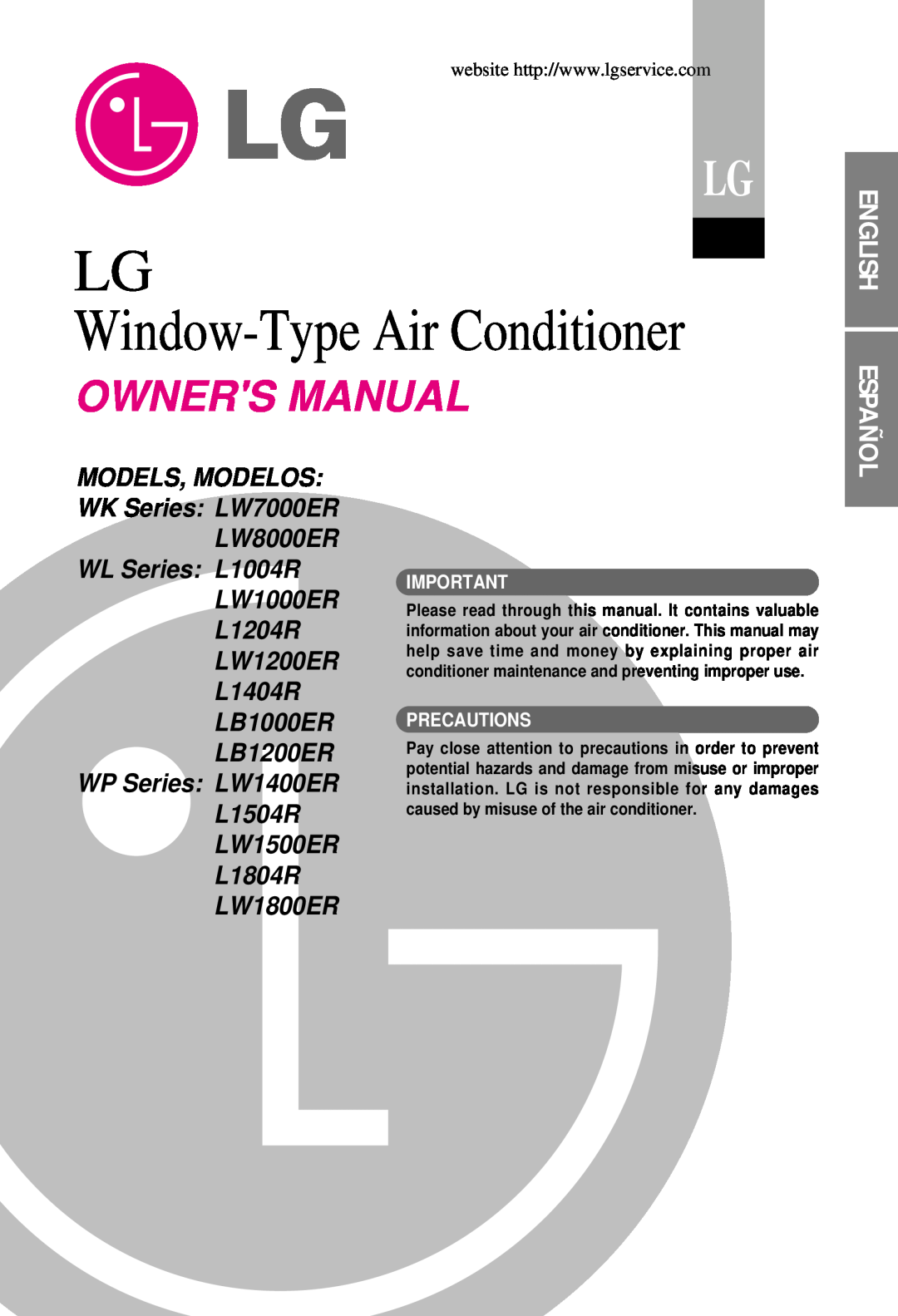 LG Electronics owner manual English Español, LW8000ER, MODELS, MODELOS WK Series LW7000ER, Precautions, Owners Manual 
