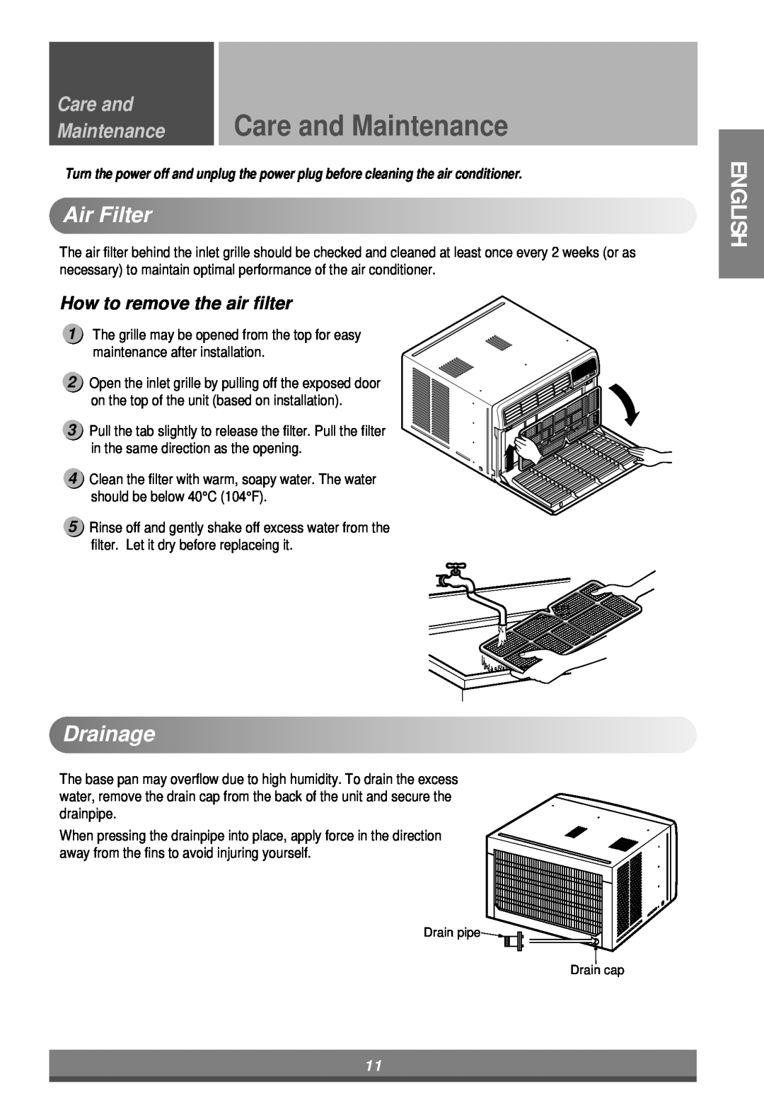 LG Electronics LW7000ER owner manual Care and Maintenance, AirFilter, Drainage, How to remove the air filter, English 