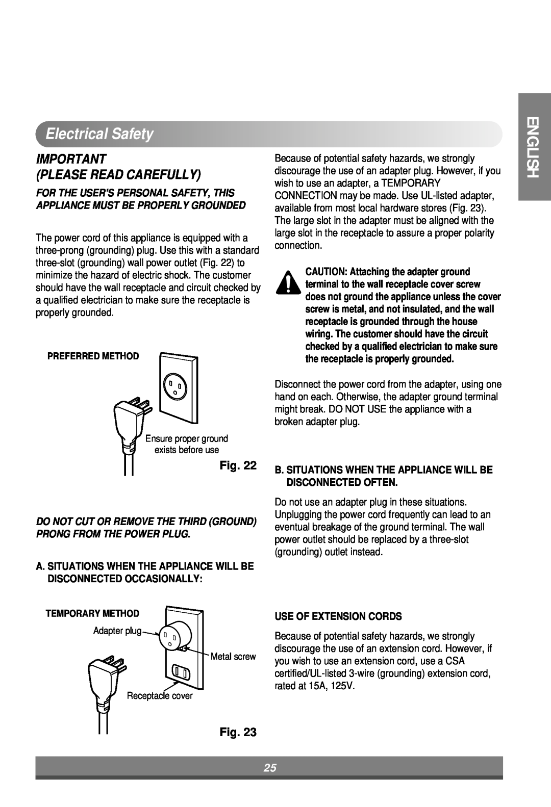 LG Electronics LW7000ER owner manual Electrical Safety, Please Read Carefully, Use Of Extension Cords 