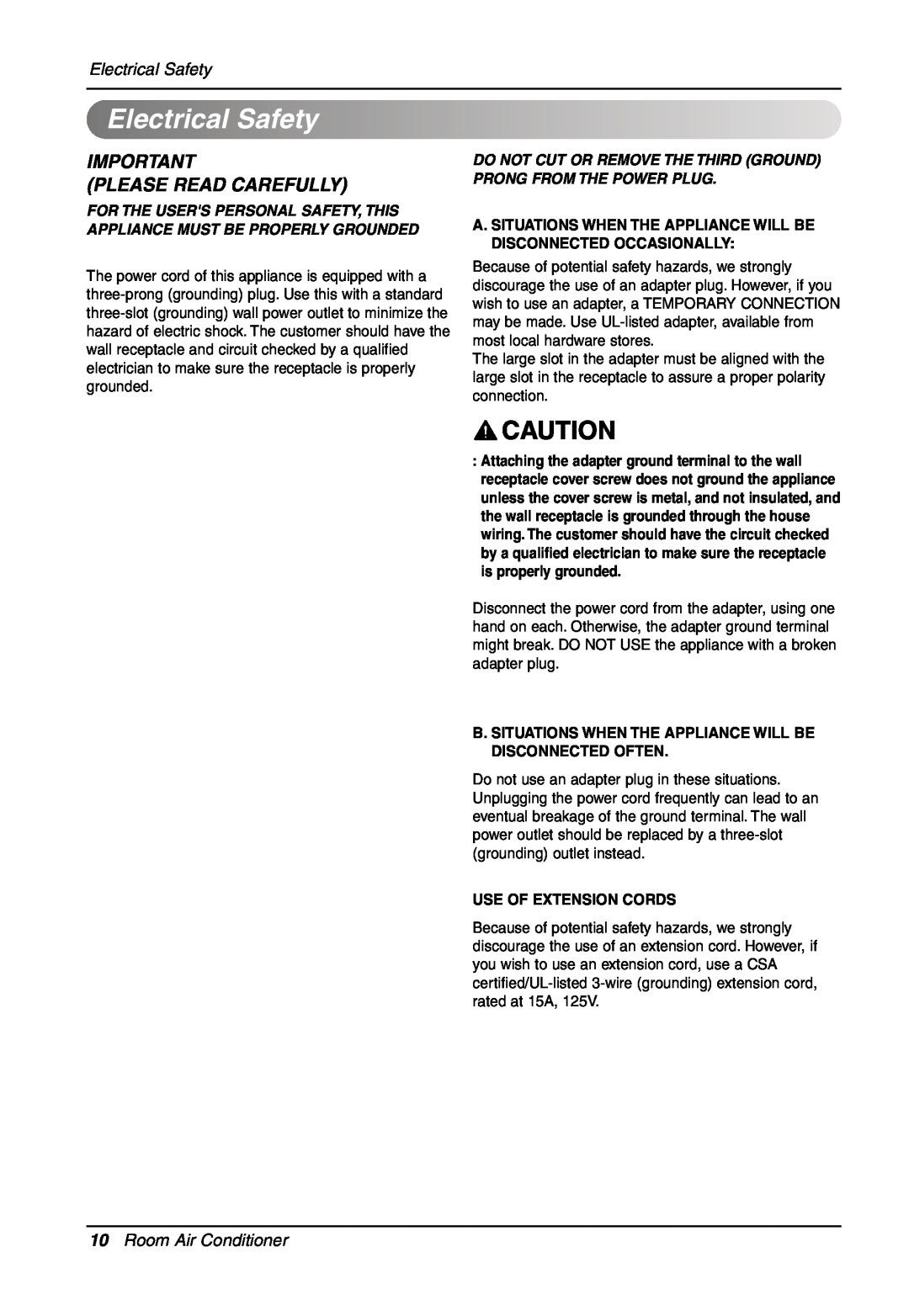 LG Electronics LW701 HR owner manual ElectricalSafety, Please Read Carefully, Electrical Safety, Room Air Conditioner 