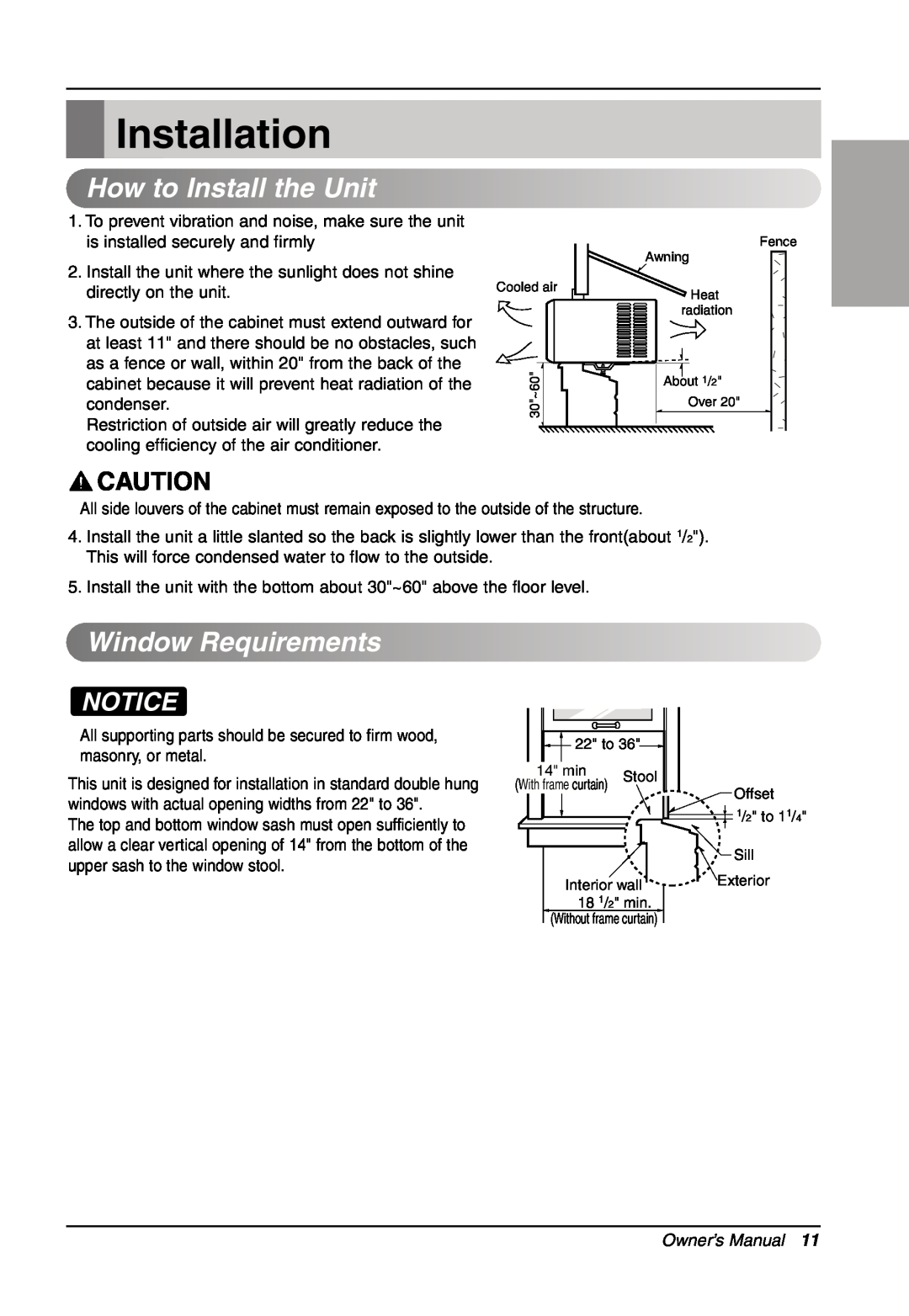 LG Electronics LW701 HR owner manual Installation, HowtoInstalltheUnit, WindowRequirements, Owner’s Manual 