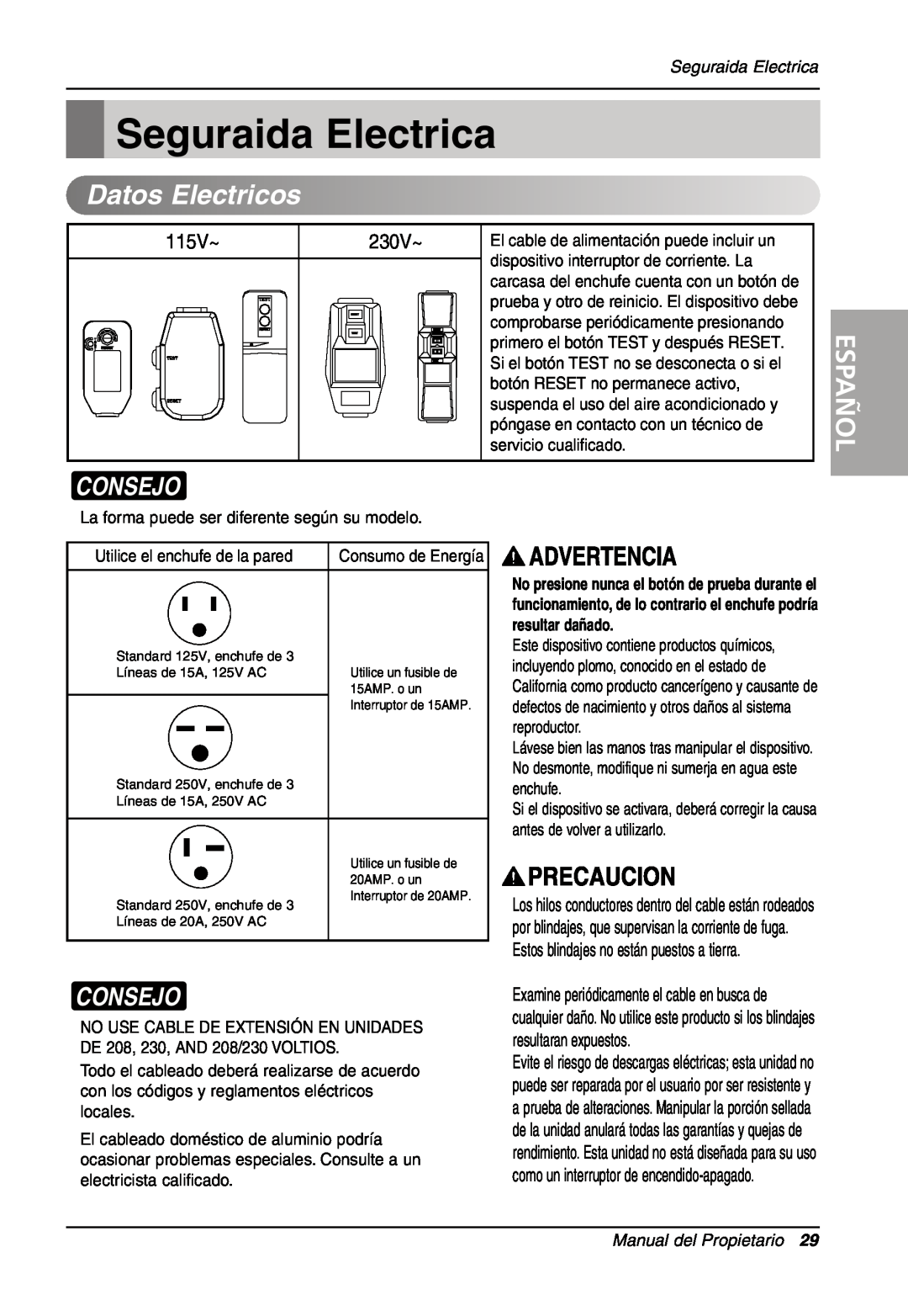 LG Electronics LW701 HR owner manual Seguraida Electrica, Consejo, Español, Manual del Propietario, Datos, Electricos 