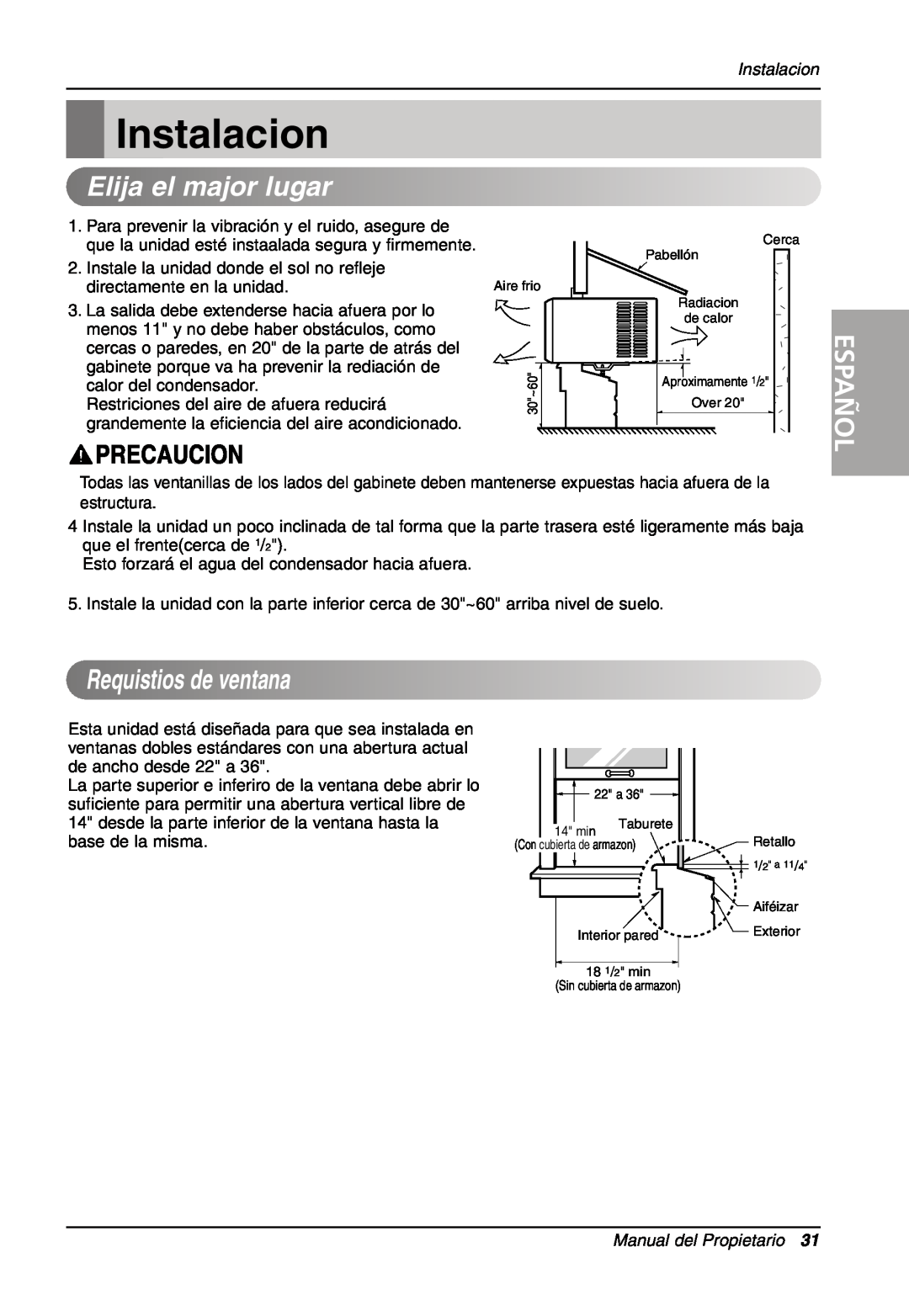 LG Electronics LW701 HR owner manual Instalacion, Elijaelmajorlugar, Requistios de ventana, Español, Manual del Propietario 