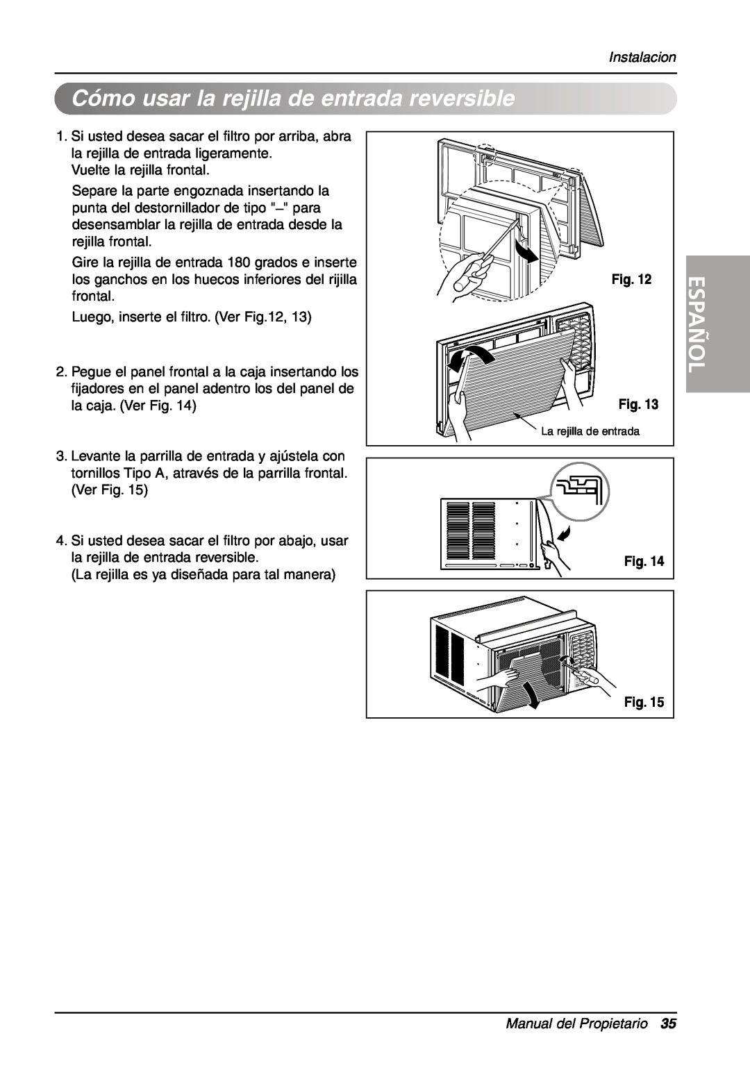 LG Electronics LW701 HR Cómo usar larejilla de entrada reversible, Español, Instalacion, Manual del Propietario 