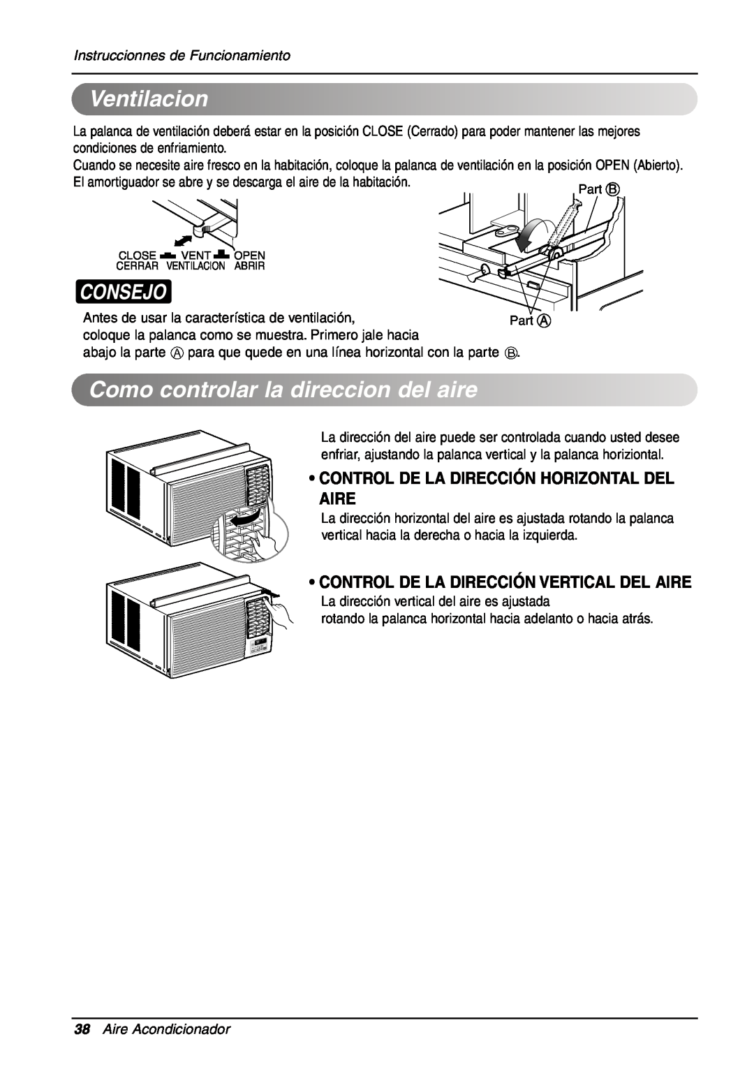 LG Electronics LW701 HR Ventilacion, Como controlarladirecciondel aire, Consejo, Instruccionnes de Funcionamiento 