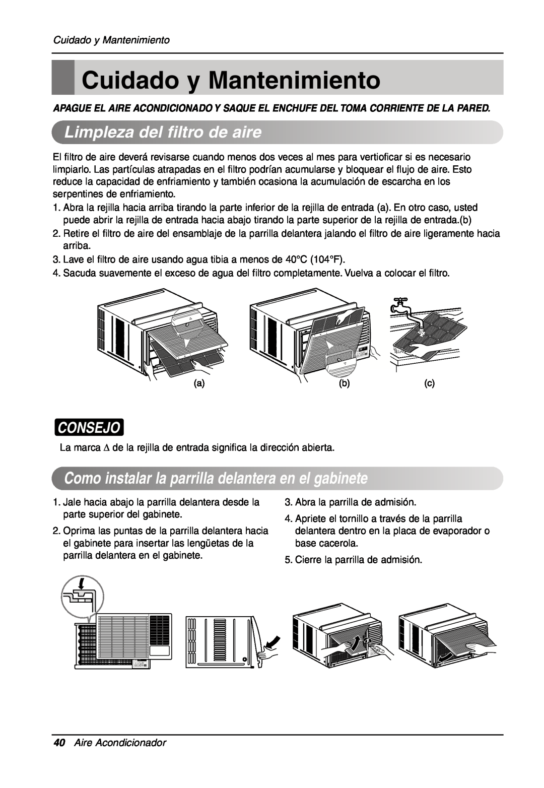 LG Electronics LW701 HR owner manual Cuidado y Mantenimiento, Limplezadel filtrodeaire, Consejo, Aire Acondicionador 