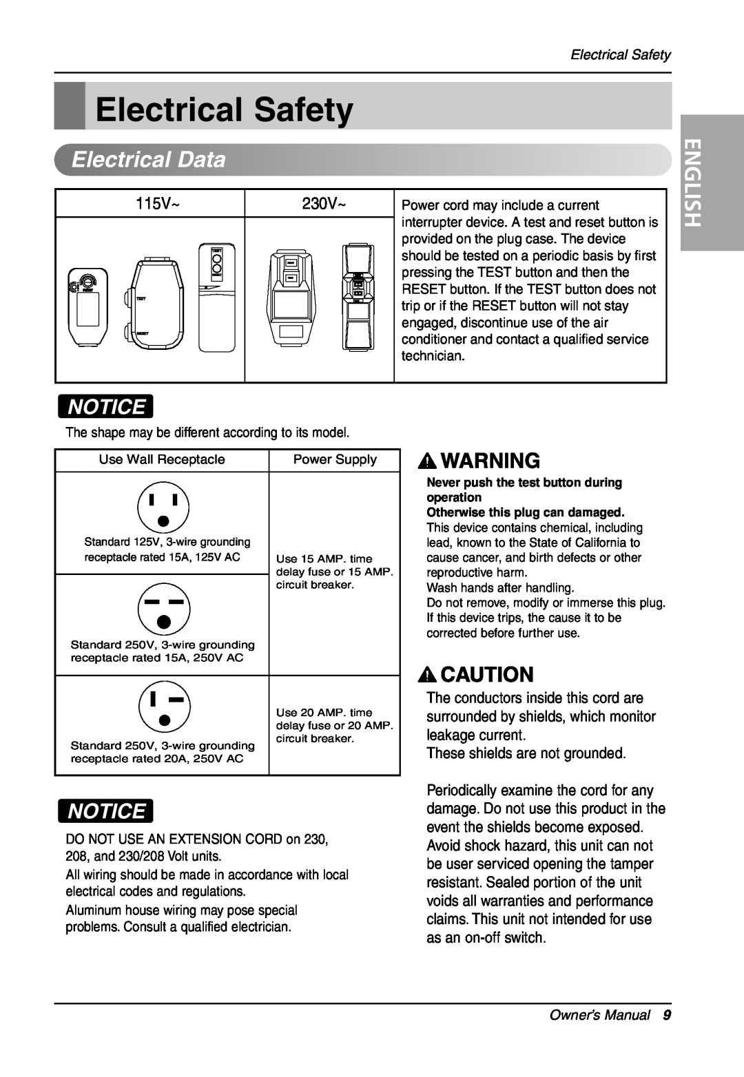 LG Electronics LW701 HR owner manual Electrical Safety, ElectricalData, English, Owner’s Manual 