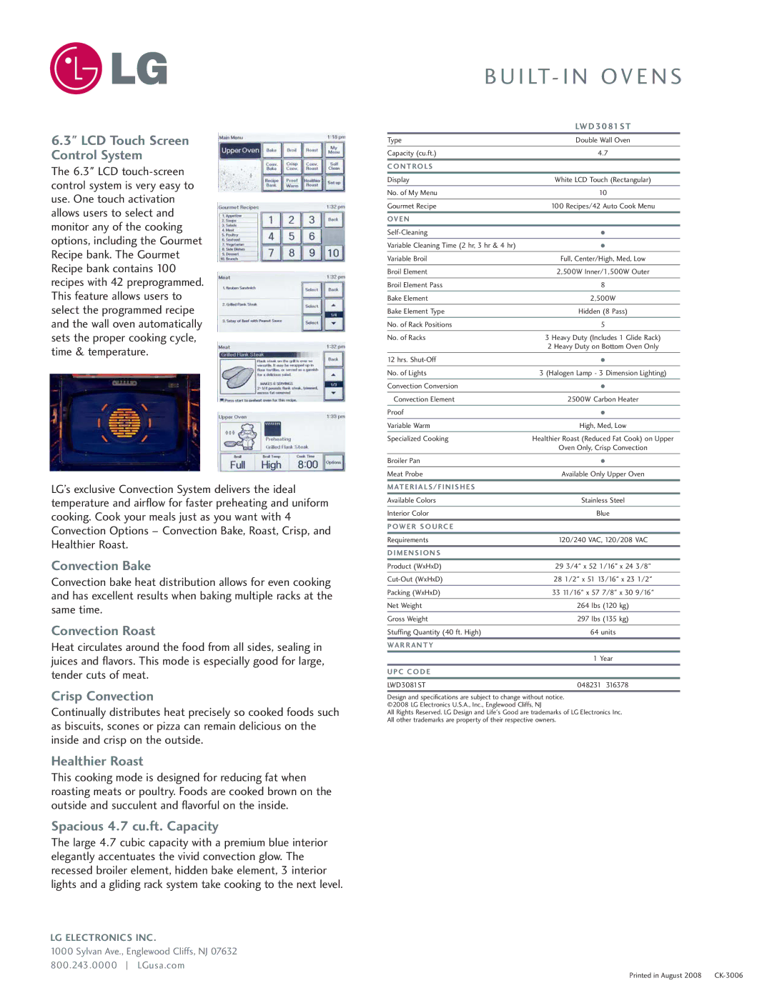 LG Electronics LWD3081ST manual LCD Touch Screen Control System, Convection Bake, Convection Roast, Crisp Convection 
