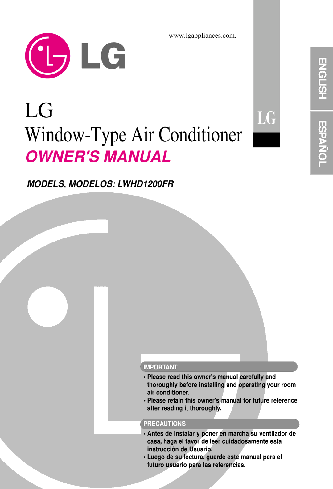 LG Electronics LWHD1200FR owner manual Lglg Window-Type Air Conditioner 