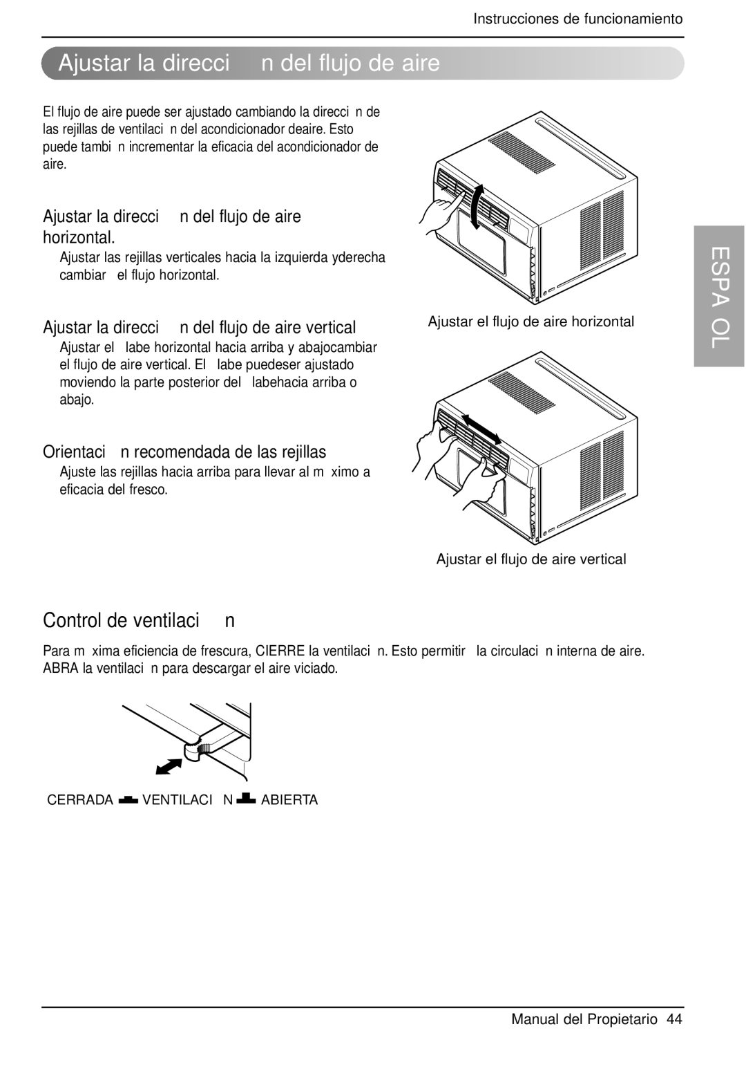 LG Electronics LWHD1200FR owner manual Ajustar la direcció n del flujo de aire, Control de ventilació n 