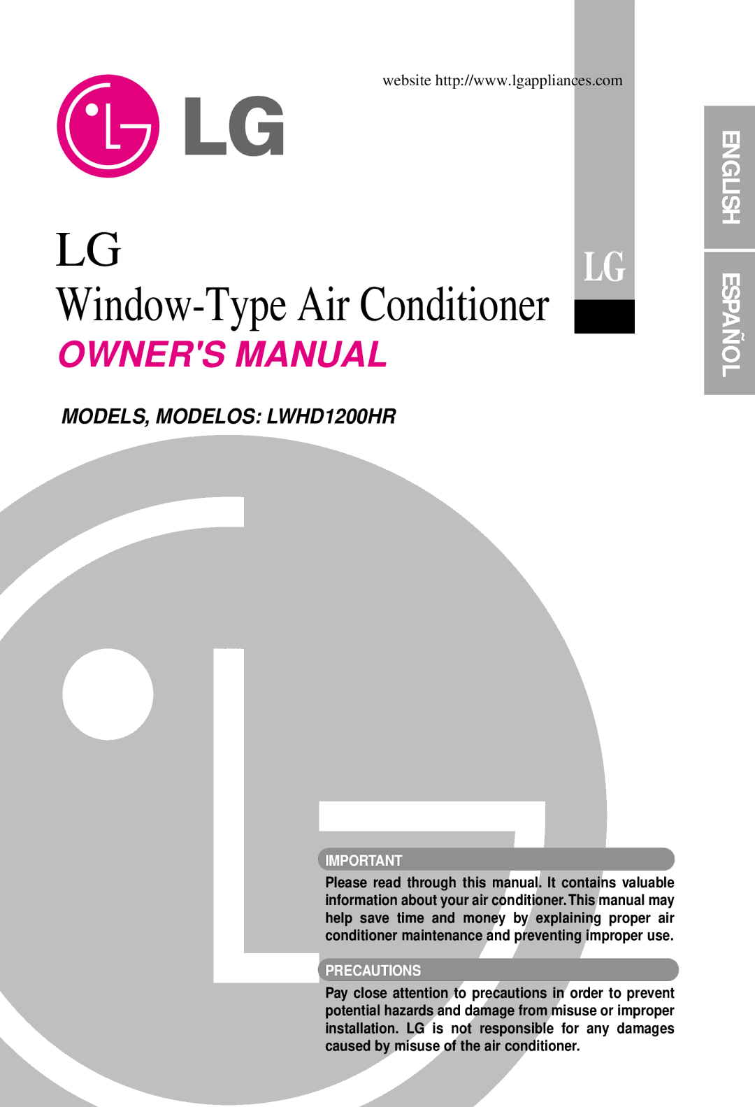 LG Electronics LWHD1200HR owner manual Lglg Window-Type Air Conditioner 