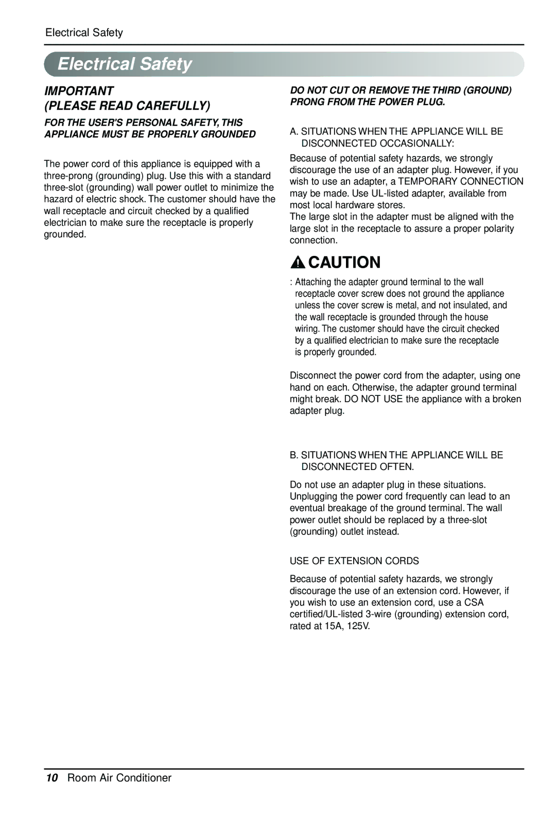 LG Electronics LWHD1200HR owner manual Electrical Safety, Please Read Carefully 