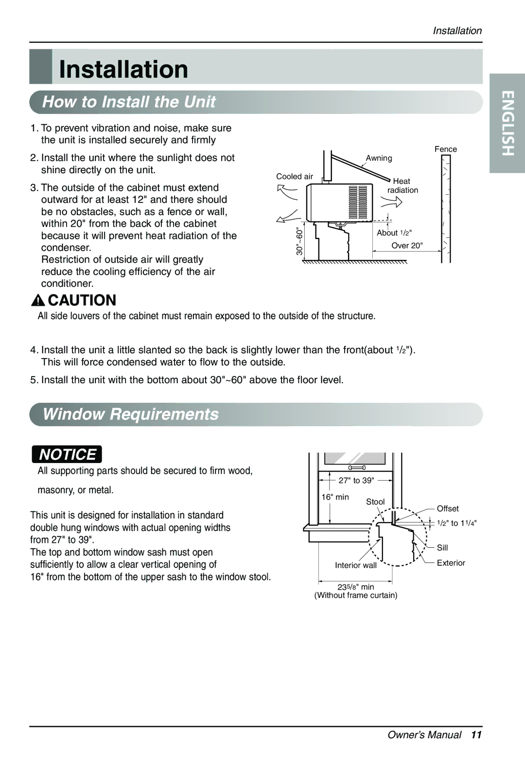 LG Electronics LWHD1200HR owner manual Installation, How to Install the Unit, Window Requirements, Masonry, or metal 